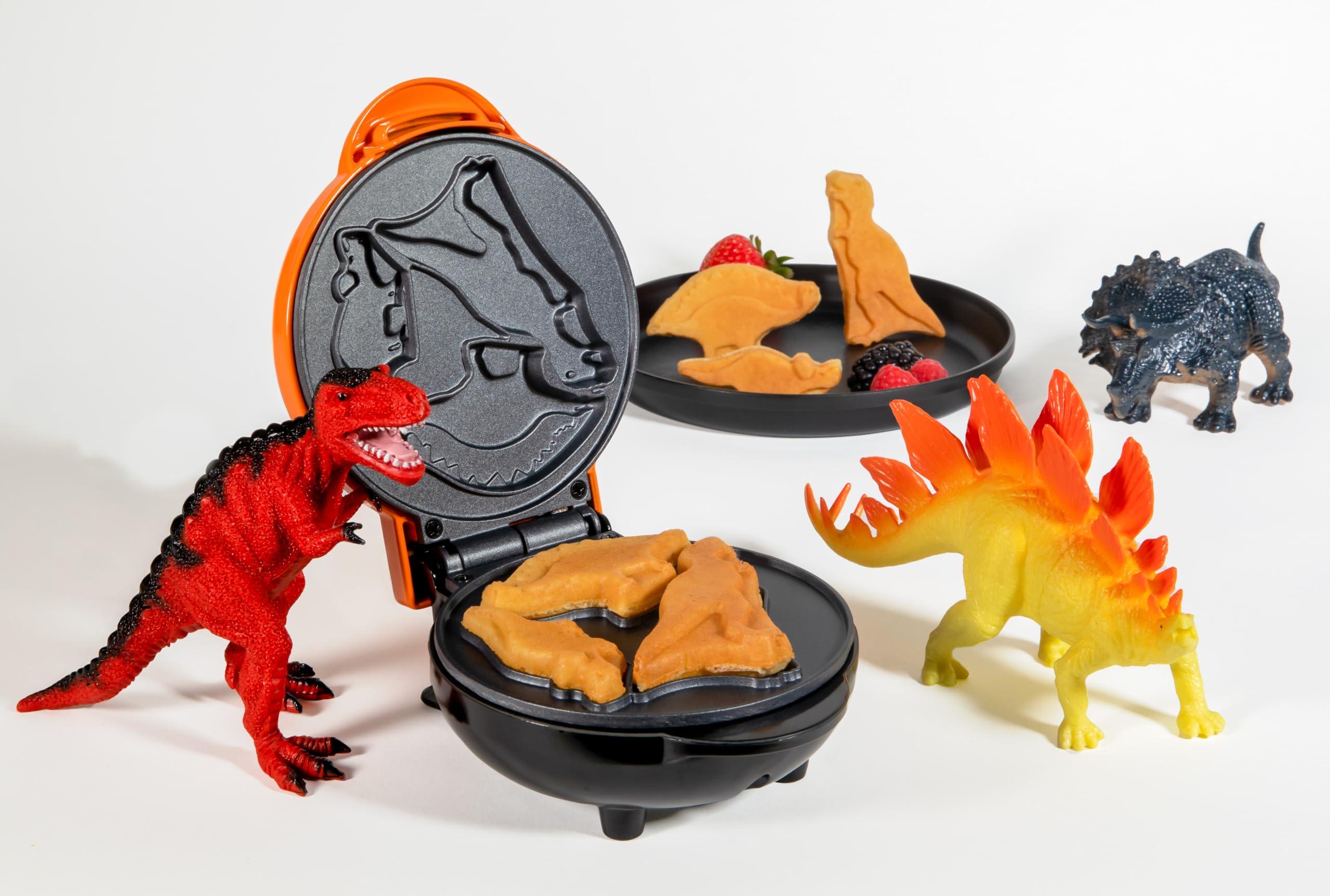 Nostalgia MyMini Dinosaurs Shape Electric Waffle Maker - 5 Inch Non-Stick Waffle Iron for Kids, Perfect for Breakfast, Pancakes, Eggs & Hash Browns - Fun Dino-Themed Kitchen Gadget (Orange) - Great for Birthday Gifts, Family Breakfast & Kids Cooking Activities