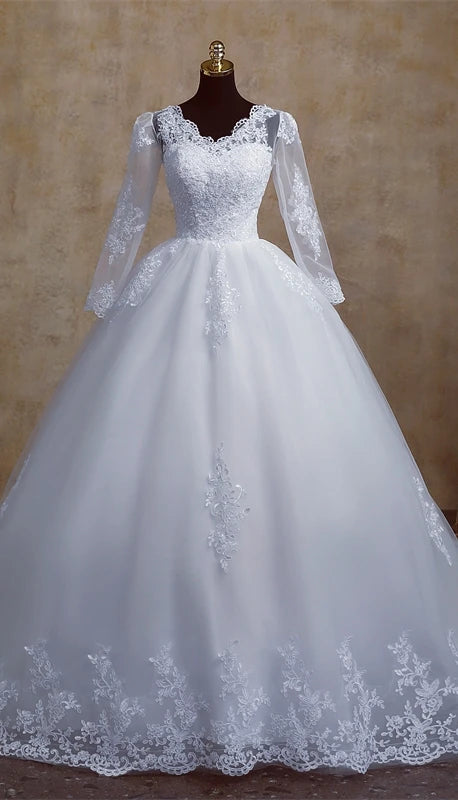 Elegant V-Neck Long Sleeve Plus Size Wedding Dress with Cathedral Train - Perfect for Bridal Ceremonies & Formal Events
