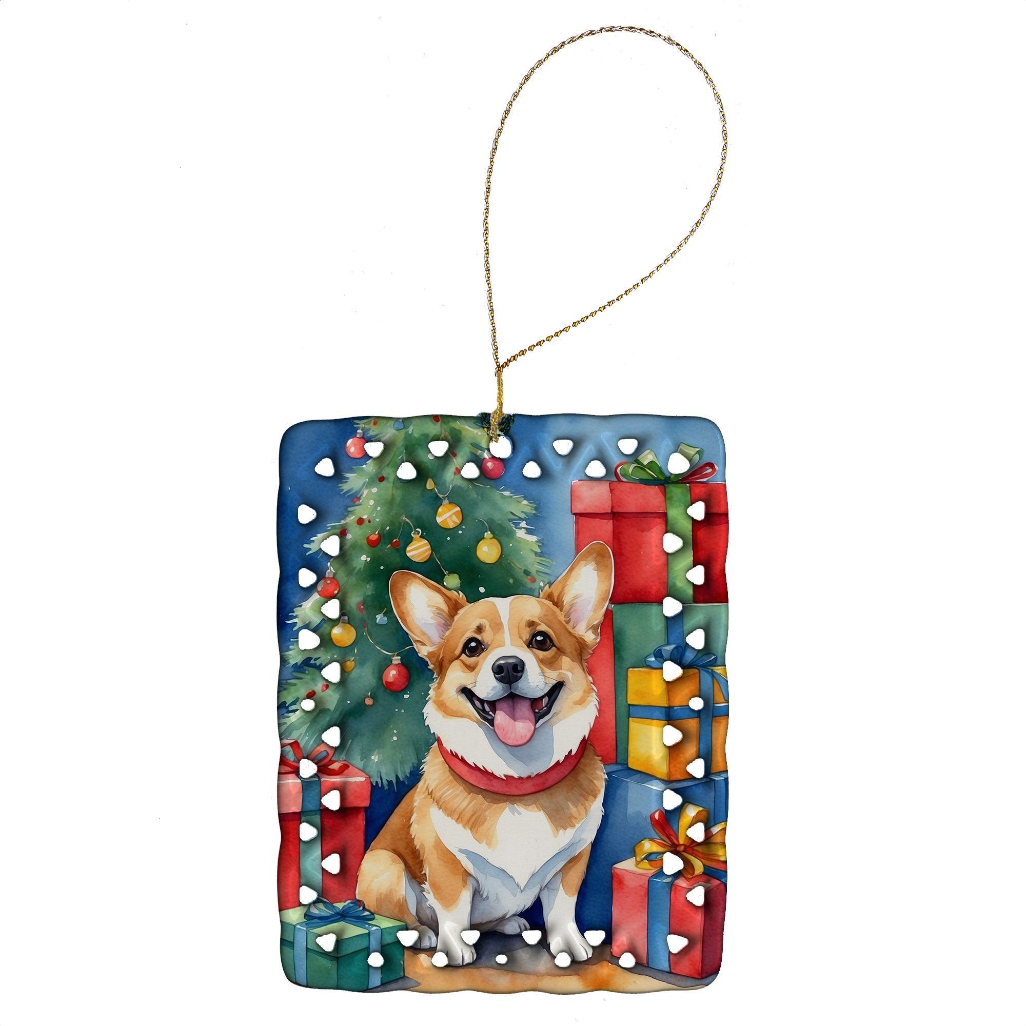 Corgi Christmas Reindeer Porcelain Ornament - Handmade Holiday Tree Hanging Decor for Home, Rectangle Shape, Multicolor Gift for Dog Lovers - Perfect for Christmas Tree Decorating, Gift Exchange & Festive Home Decoration