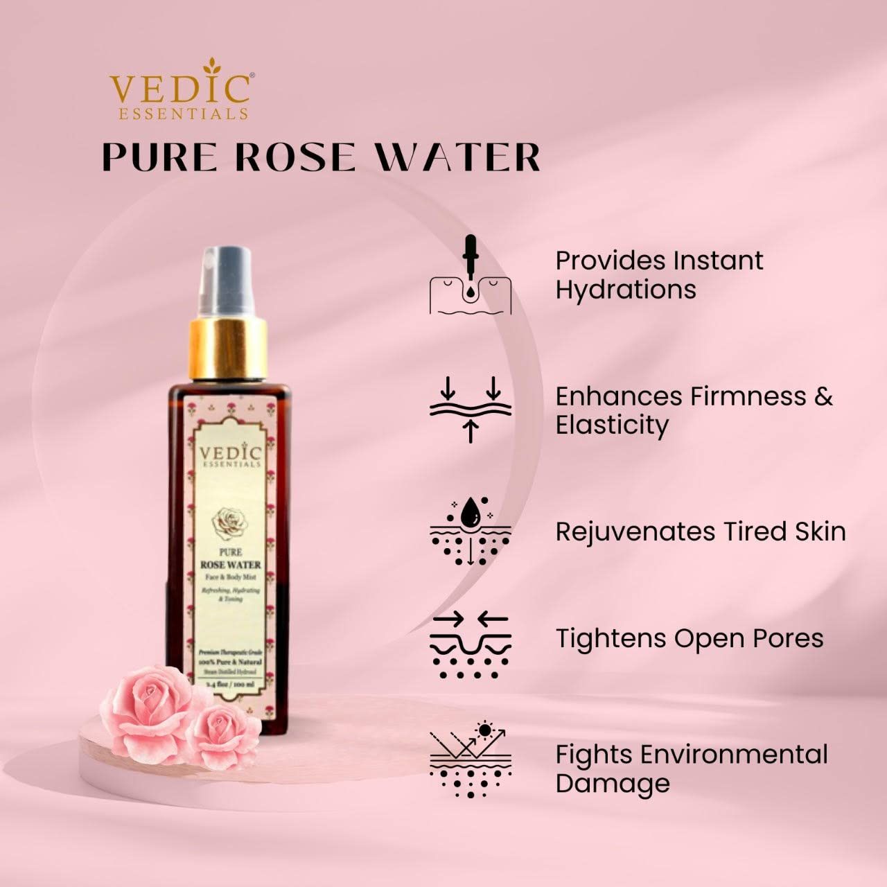 VEDICESSENTIALS Pure Rose Water (Gulab Jal) - 100ml Hydrating & Toning Face & Body Mist for Glowing Skin | Refreshing Floral Toner for Daily Skincare, Makeup Setting & Summer Cooling