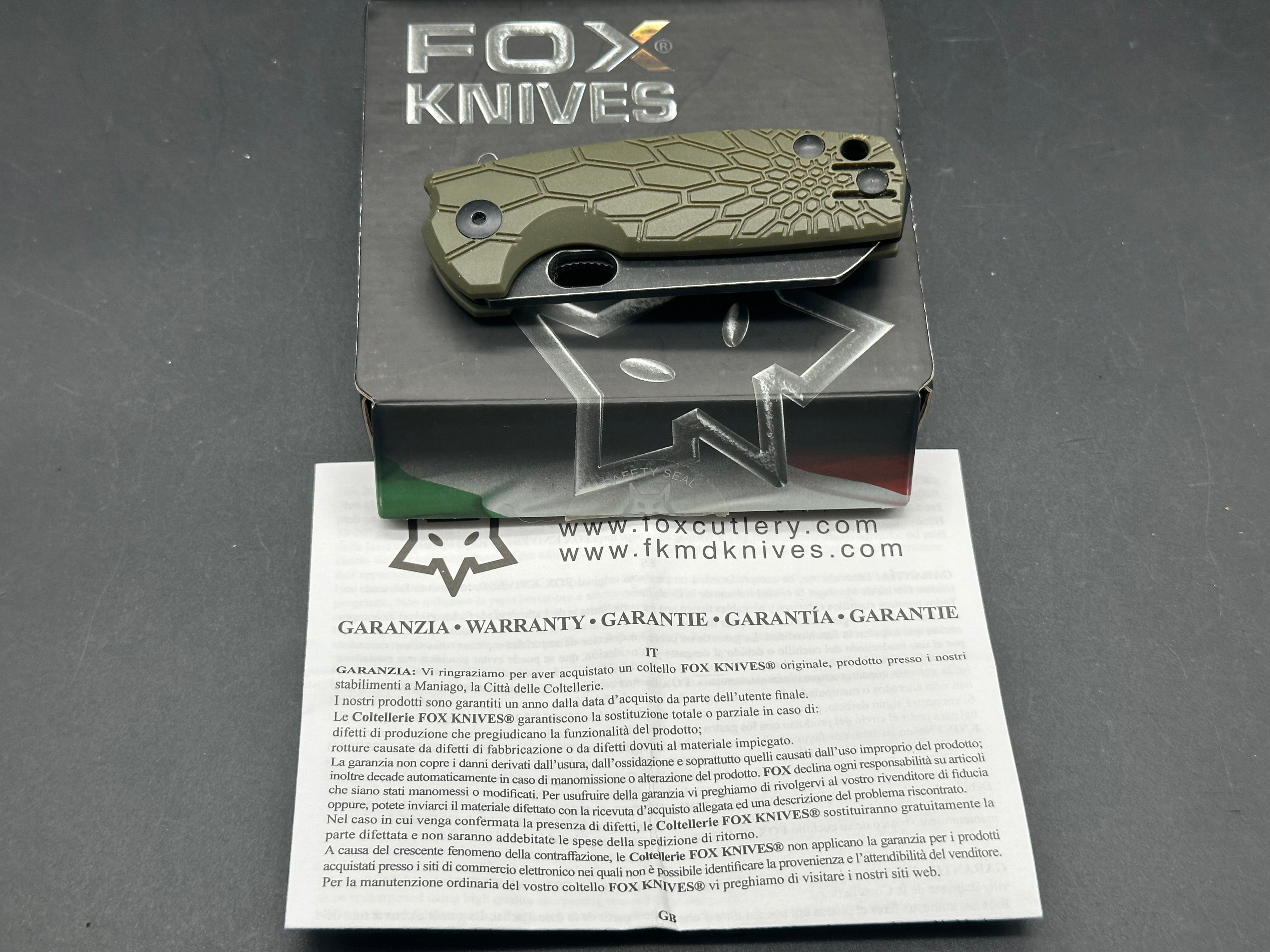 Fox Knives Baby Core Mini Liner Lock Pocket Knife - Green FRN Handle, EDC Folding Knife for Camping, Hiking & Outdoor Activities