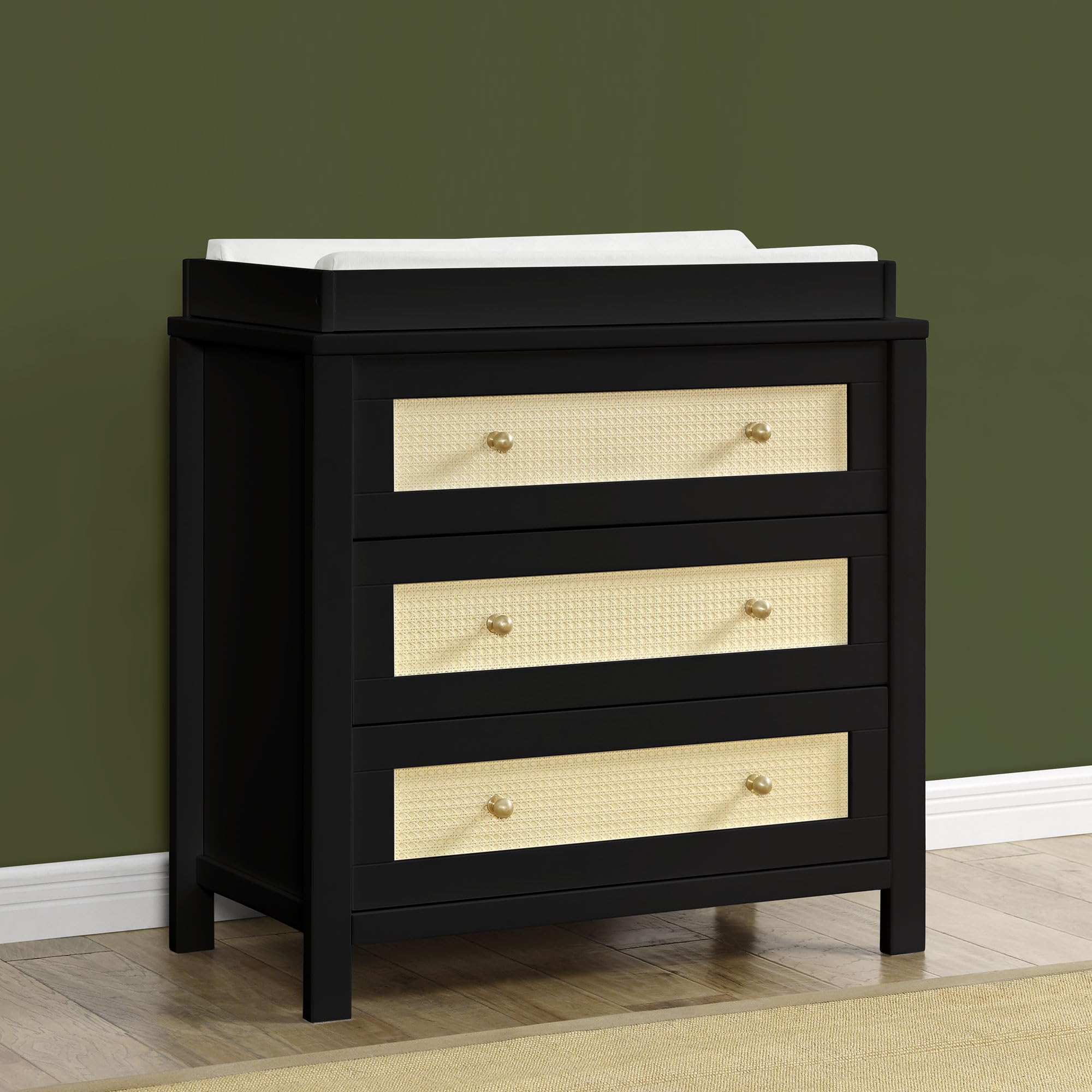 Simmons Kids Theo 3-Drawer Baby Dresser with Changing Table Top | Secure Interlocking Drawers | Black & Textured Almond Finish | Perfect for Nursery Organization & Diaper Changing Station