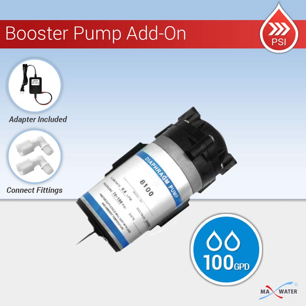 高效100 GPD反渗透RO增压泵+变压器，带2个1/4 OD x 3/8 MIP弯头接头，适用于家庭和商业净水系统