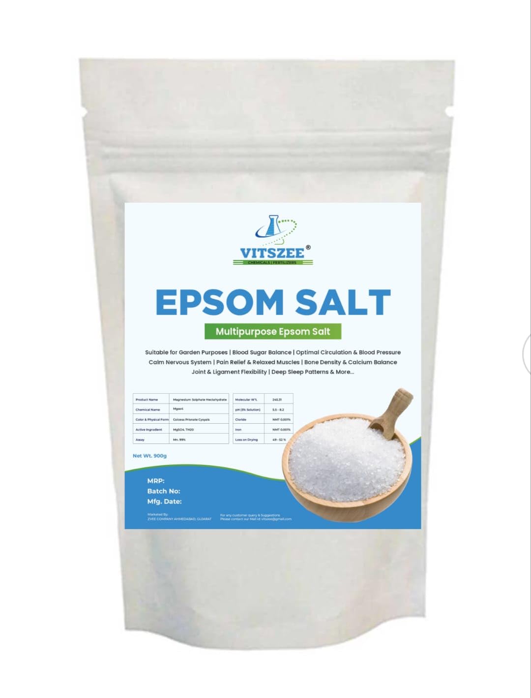 VITSZEE Epsom Salt 900g - Pure Magnesium Sulfate for Muscle Pain Relief & Relaxation | Detox Bath Soak & Foot Soak | Natural Plant Nutrient for Gardening | Perfect for Post-Workout Recovery & Stress Relief