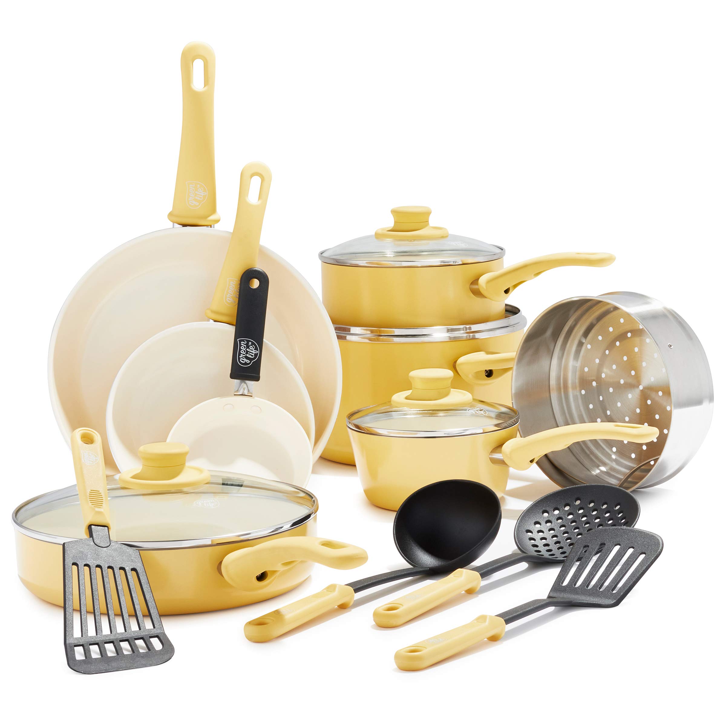 GreenLife 16-Piece Ceramic Nonstick Cookware Set with Kitchen Utensils & 2-Piece Bamboo Cutting Board Set - Yellow | Non-Toxic, PFOA-Free Pots & Pans for Healthy Cooking | Perfect for Frying, Boiling, Baking & Meal Prep
