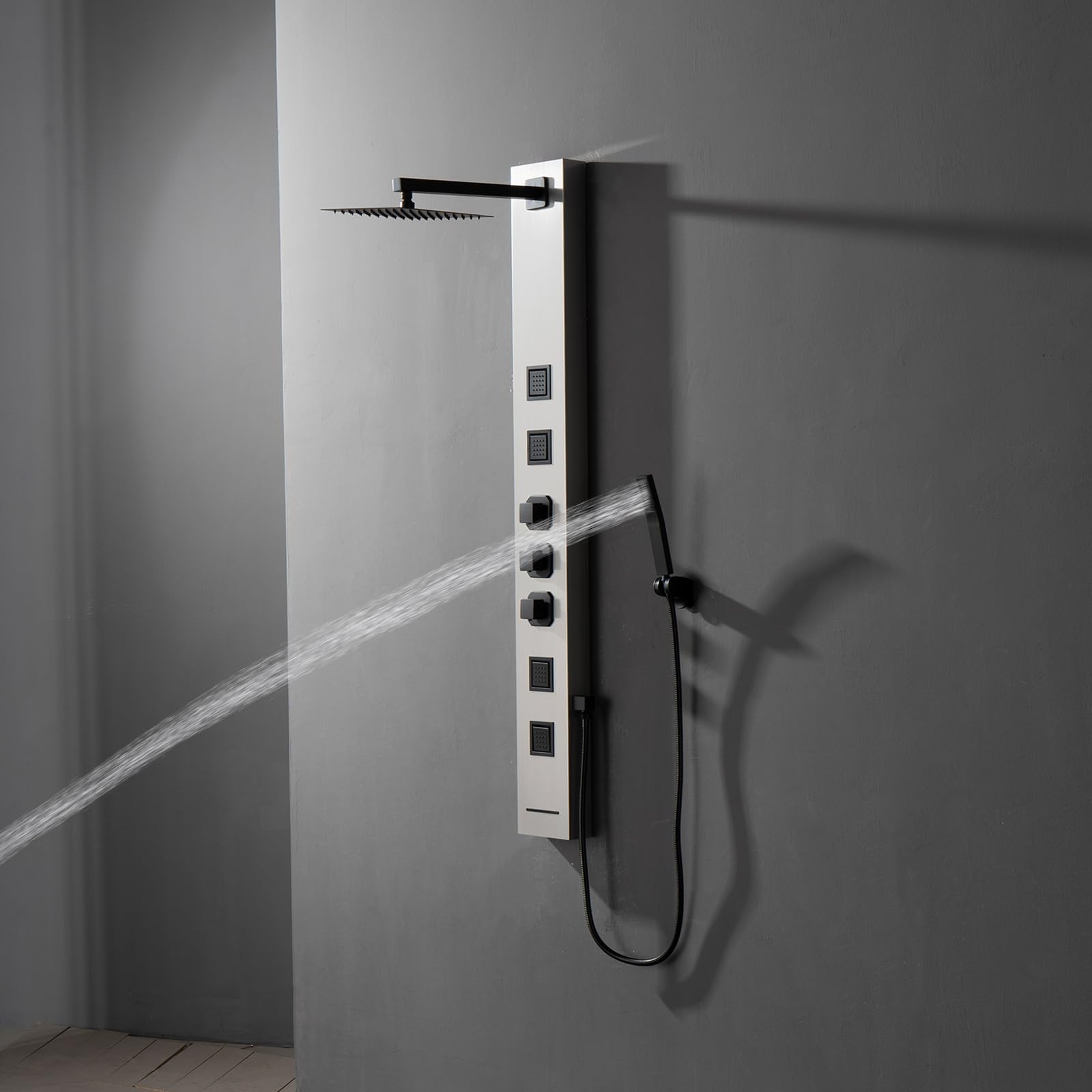 BWE 304 Stainless Steel Shower Panel Tower System with Adjustable Rainfall Shower Head, 4 Body Massage Jets & Handheld Shower - Brushed Finish for Luxury Bathroom Spa Experience