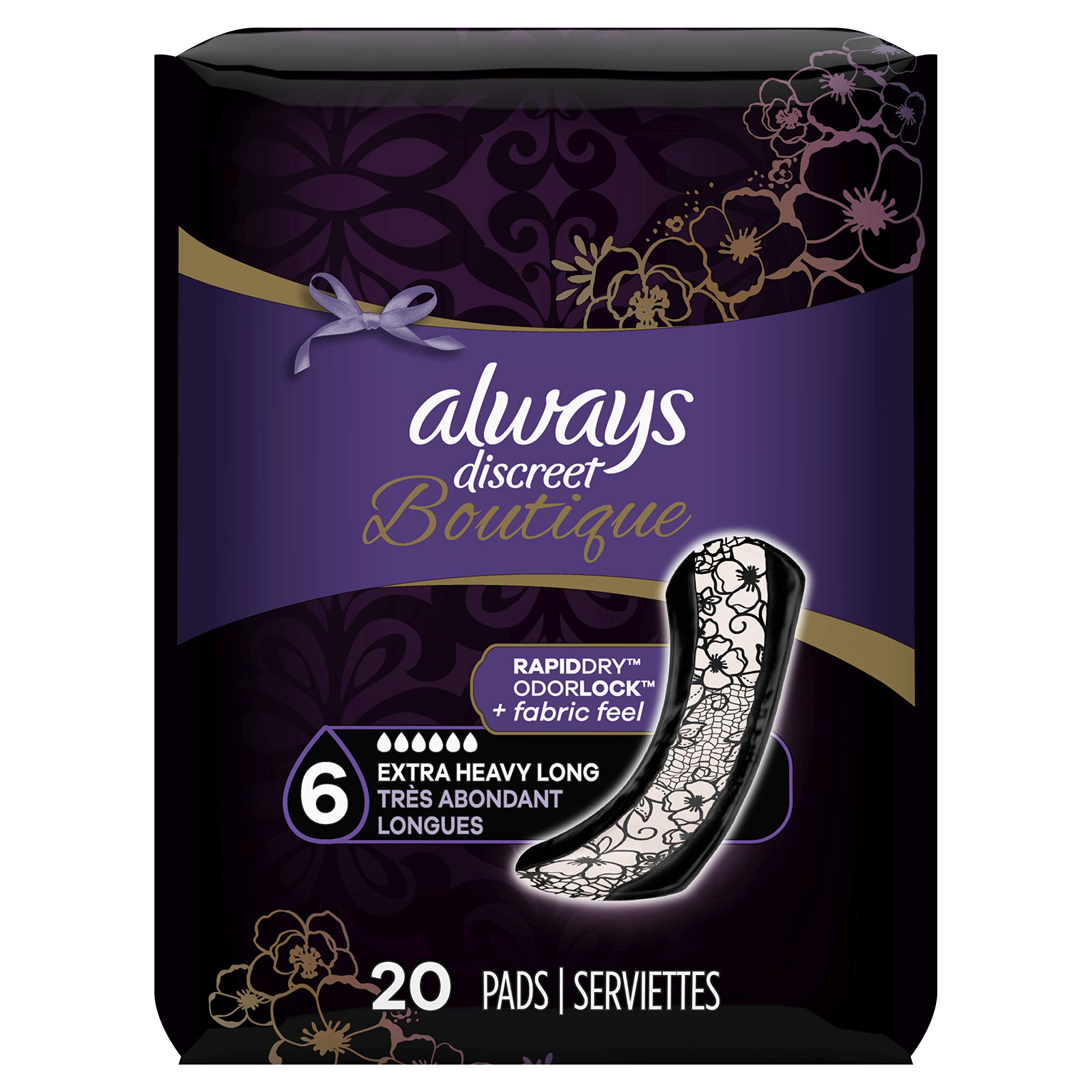 Always Discreet Boutique Incontinence Pads for Women - Size 6, Extra Heavy Absorbency, Long Length (20 Count) - Overnight Protection & Active Lifestyle Use