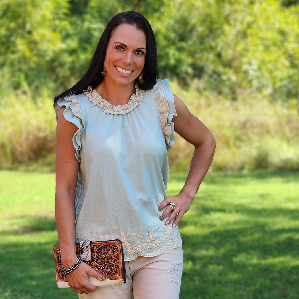 Andree Women's Sage Green Embroidered Blouse - Boho Chic Floral Tunic Top for Casual Wear & Summer Outfits