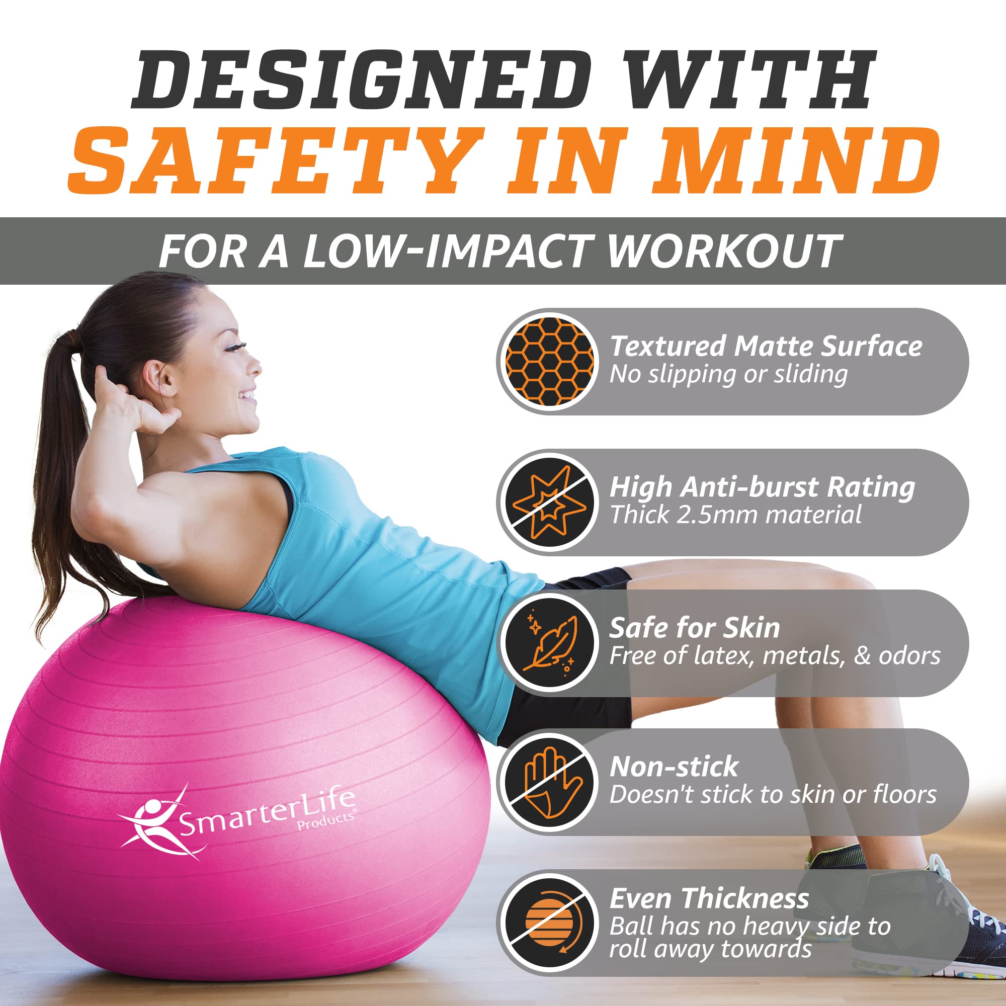 SmarterLife Anti-Burst Exercise Ball - Premium Yoga Ball for Fitness, Core Workout, Balance Training & Physical Therapy - Non-Slip Stability Ball for Pregnancy, Office Chair & Home Gym Workouts