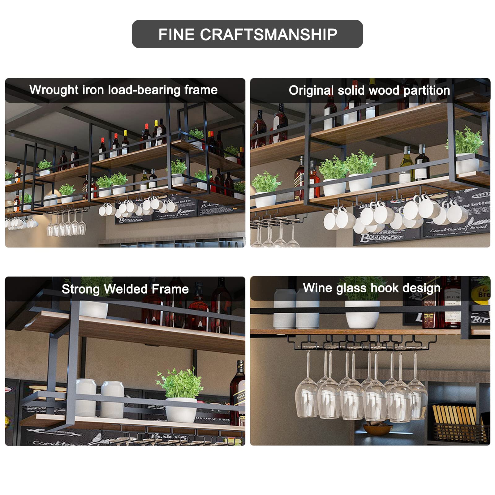 Industrial Ceiling Wine Glass Rack - 39.3 Inch Hanging Wine Bottle Holder with Glass Storage Shelf for Bar, Kitchen & Cafe - 2-Tier Black Metal Wine Rack (39.3×11.8×31.4in) - Perfect for Home Bars, Restaurants & Commercial Spaces