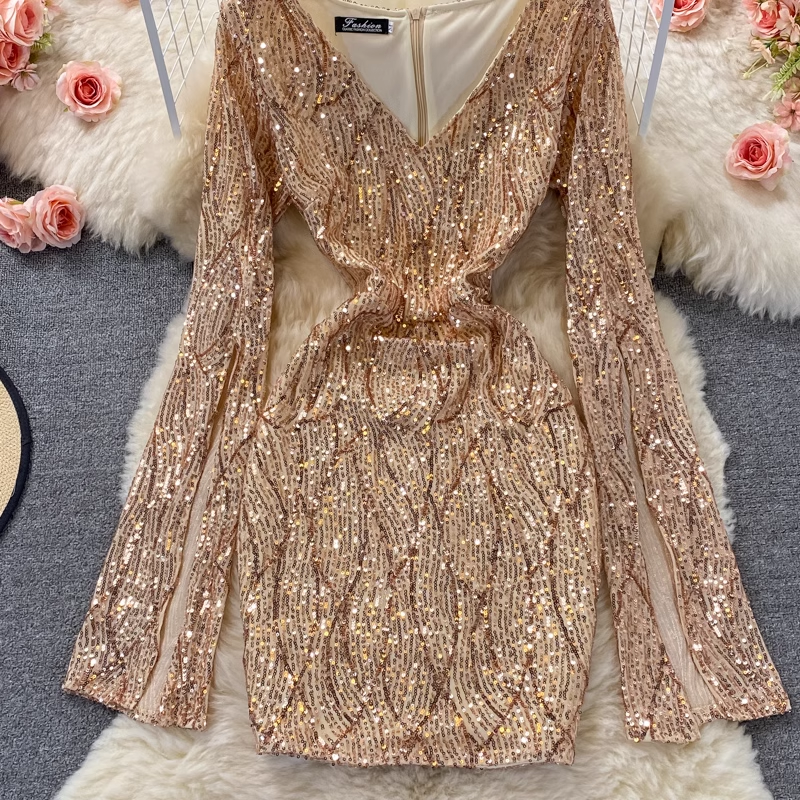 Sexy Sequined V-Neck Short Dress Long Sleeve Sheath Party Dress for Women - Perfect for Holiday Parties, Night Out, and Special Occasions