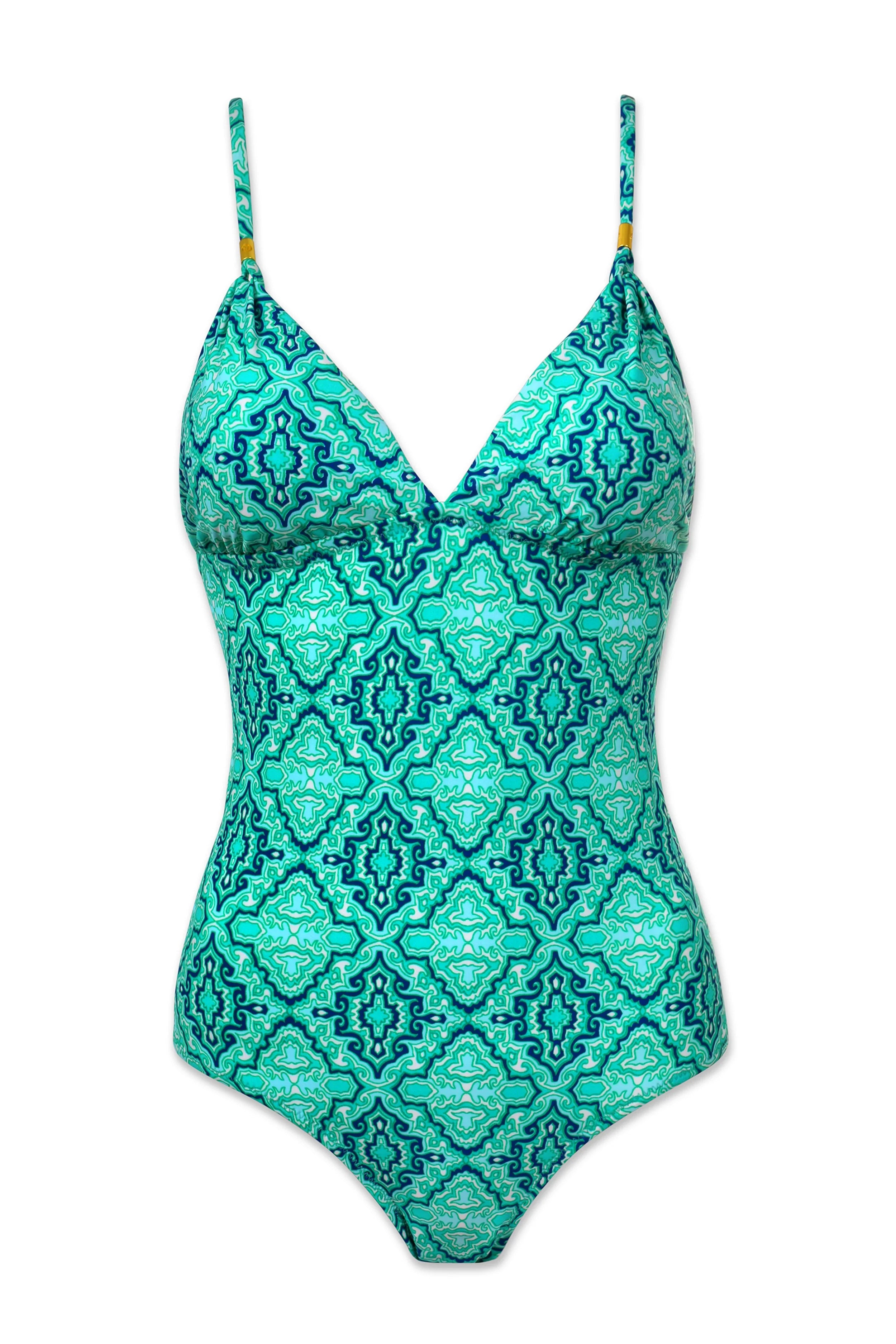 Elegant Tie Back One Piece Swimsuit | Marbella Tile Print | Perfect for Beach Vacations & Pool Parties