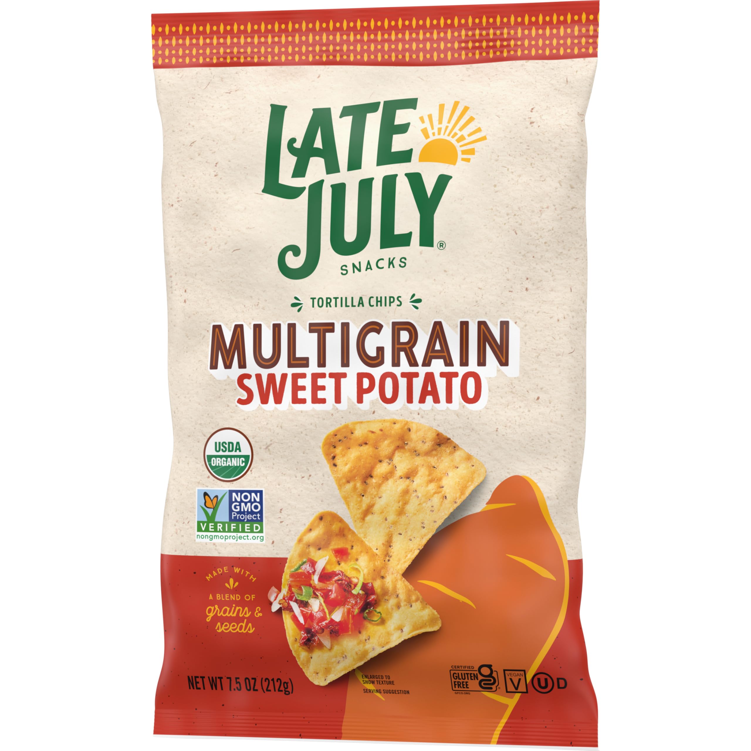 Organic Multigrain Sweet Potato Tortilla Chips by Late July Snacks - Gluten-Free, Non-GMO, 7.5 Oz Bag - Perfect for Healthy Snacking, Parties & Dips