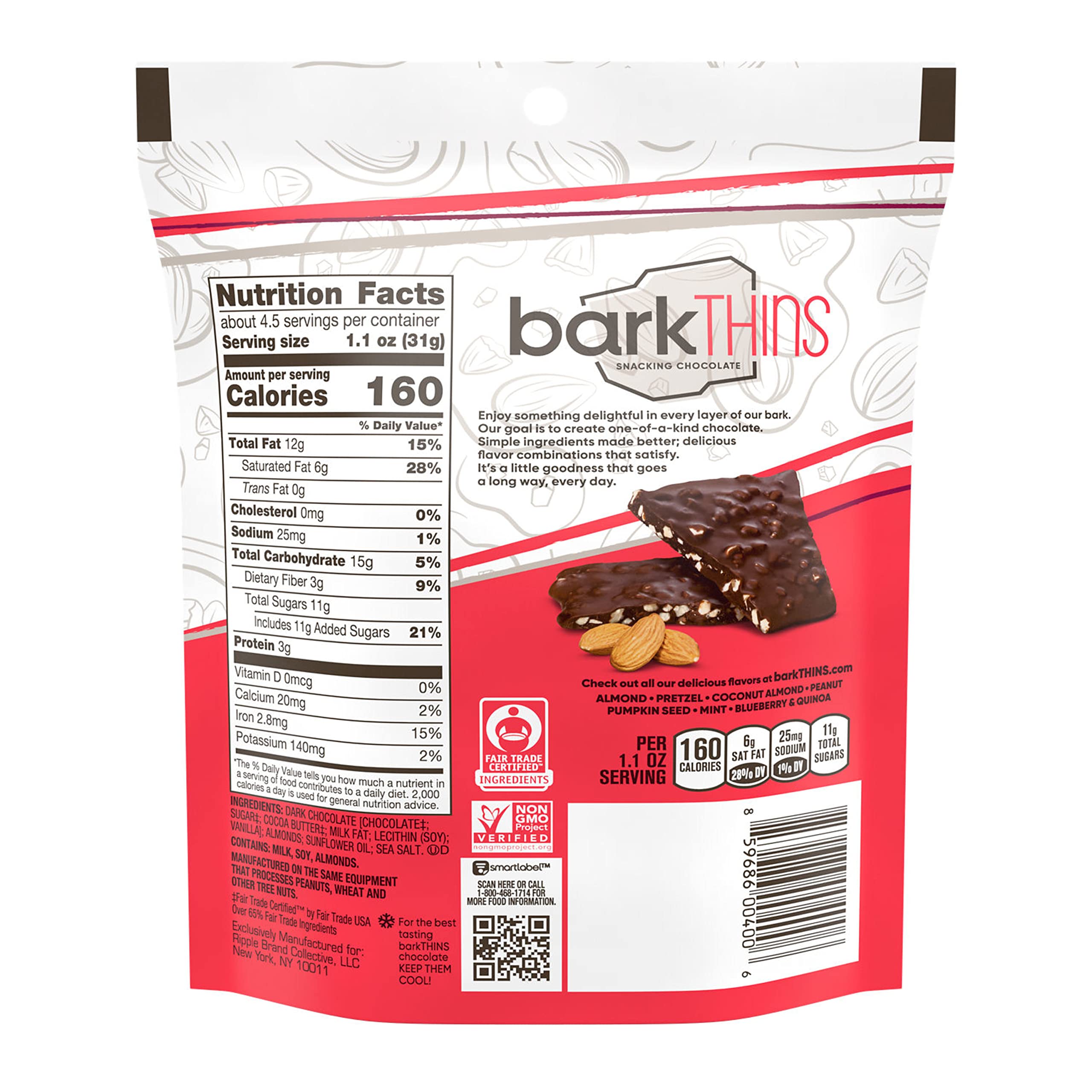 BarkTHINS Dark Chocolate with Almonds and Sea Salt - 4.7 oz Snacking Chocolate Bag | Gourmet Chocolate Treats for Gifts, Parties & Everyday Indulgence