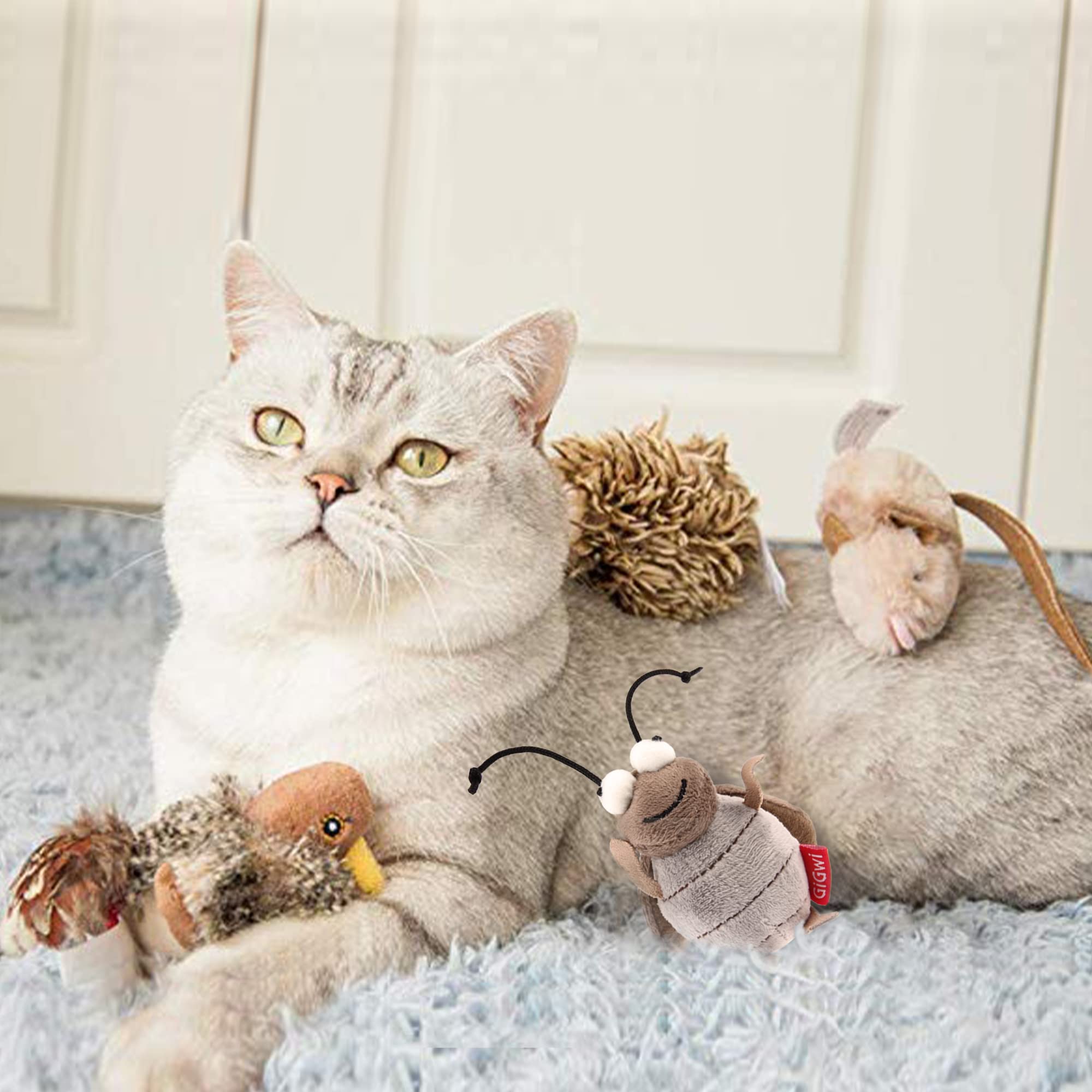 Gigwi Automatic Cat Toys Pack - 3 Pcs Interactive Electronic Cat Toys with Squeaky Bird/Cricket/Mouse Sounds, Plush Toys for Indoor Cats to Play Alone - Perfect for Boredom Relief & Exercise (Great for Playtime, Training & Keeping Cats Active)