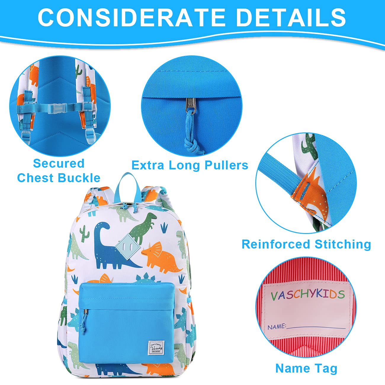 VASCHY Dinosaur Kids Backpack for Boys - Lightweight Toddler Backpack for Daycare, Preschool & Travel - Cute White Dino Design School Bag for Little Boys | Perfect for School, Outdoor Adventures & Daily Use