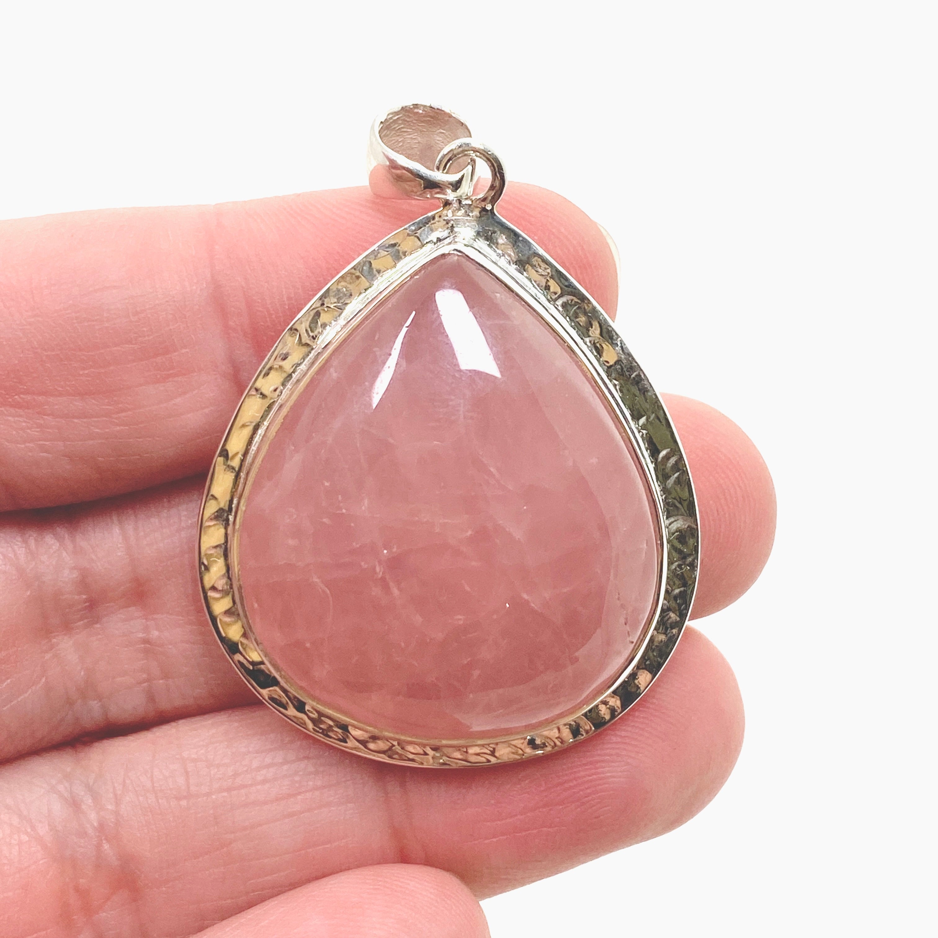 Rose Quartz Teardrop Cabochon Pendant in Hammered Silver Setting KPGJ4688 - Perfect for Meditation, Healing Jewelry & Spiritual Gifts