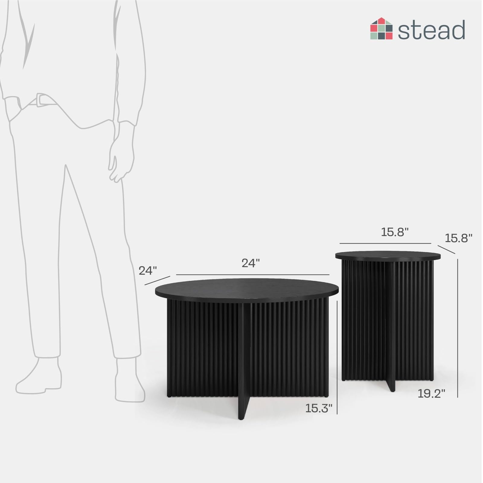Round Fluted Nesting Coffee Tables Set of 2 - Modern Solid Wood Base & Wood Grain Veneer Top Drink Tables - Blackened Oak Home Decor for Living Room - Perfect for Small Spaces & Entertaining Guests