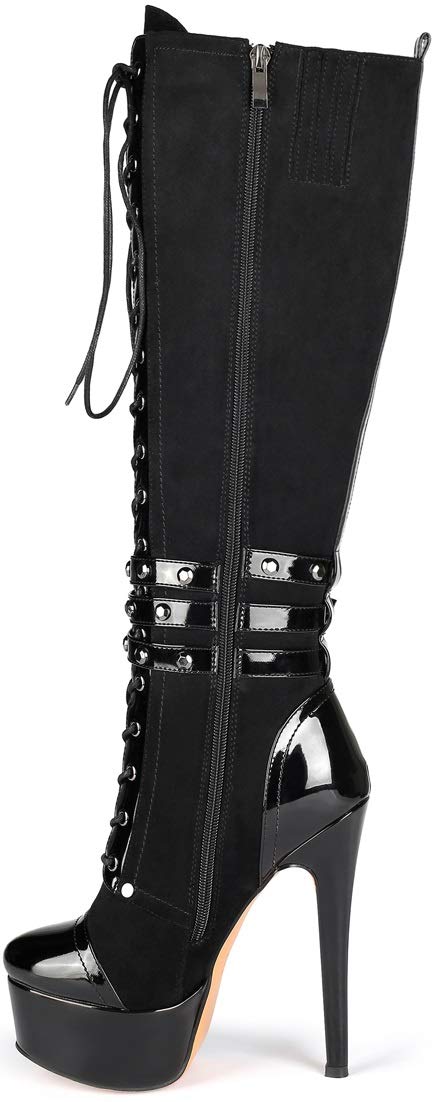 YODEKS Women's Platform Stiletto Over The Knee High Boots - Lace Up High Shaft Heeled Booties for Women, Fashionable Winter Boots for Party, Night Out & Date Night