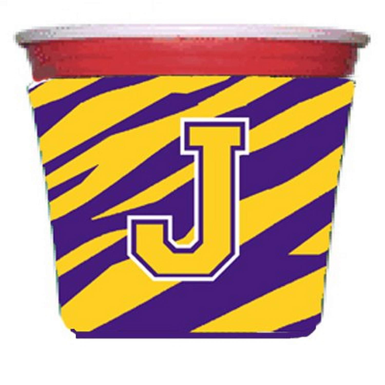 Purple Gold Letter J Monogram Initial Red Solo Cup Beverage Insulator Hugger - Tiger Stripe Design for Parties, BBQs & Tailgating