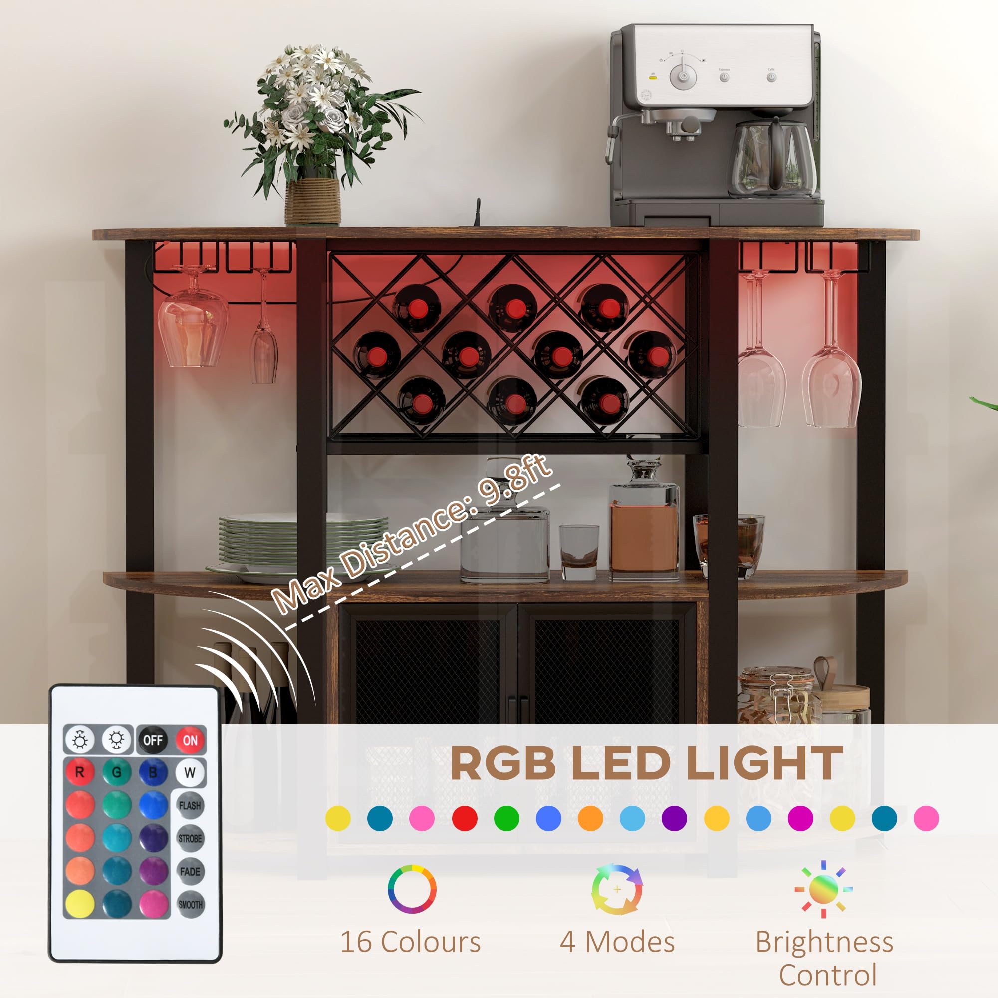 HOMCOM Industrial Wine Bar Cabinet with USB Charging Station, LED Lights & 10-Bottle Rack - Rustic Brown Liquor Storage with Glass Holders, Mesh Doors & Open Shelves - Perfect for Home Bars, Man Caves & Entertaining Guests