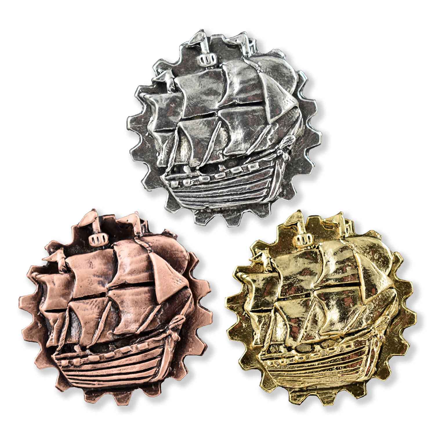 Handmade Gothic Steampunk Gear Brooch & Lapel Pins - Skull, T-Rex, Raven, Shark Tooth, Ship, Cobra Designs - Pewter, Copper & Gold Metal Jewelry - USA Made - Perfect for Cosplay, Gothic Fashion & Steampunk Costume Accessories