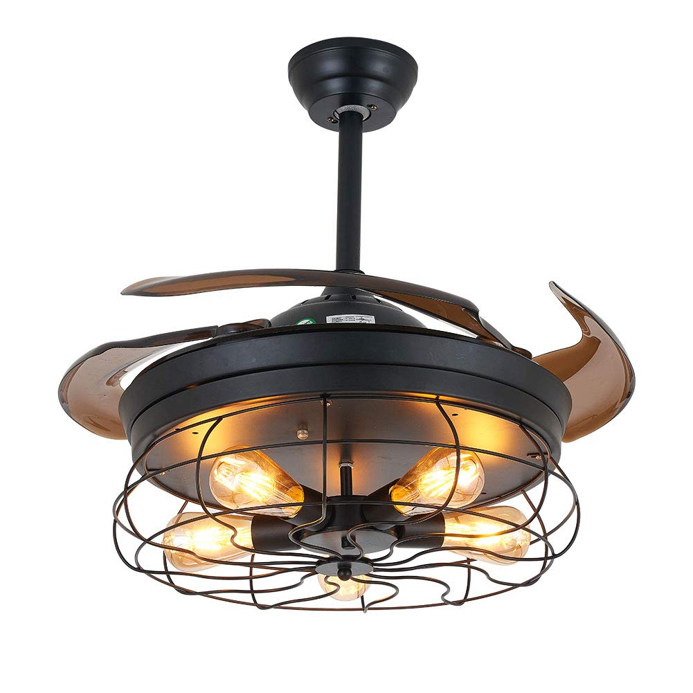 OUKANING 36 Inch Industrial Vintage Ceiling Fan with Light, Remote Control & Retractable Blades - Cage Chandelier Style, Requires 5 Edison Bulbs (Not Included) - Perfect for Living Room, Bedroom, or Farmhouse Decor