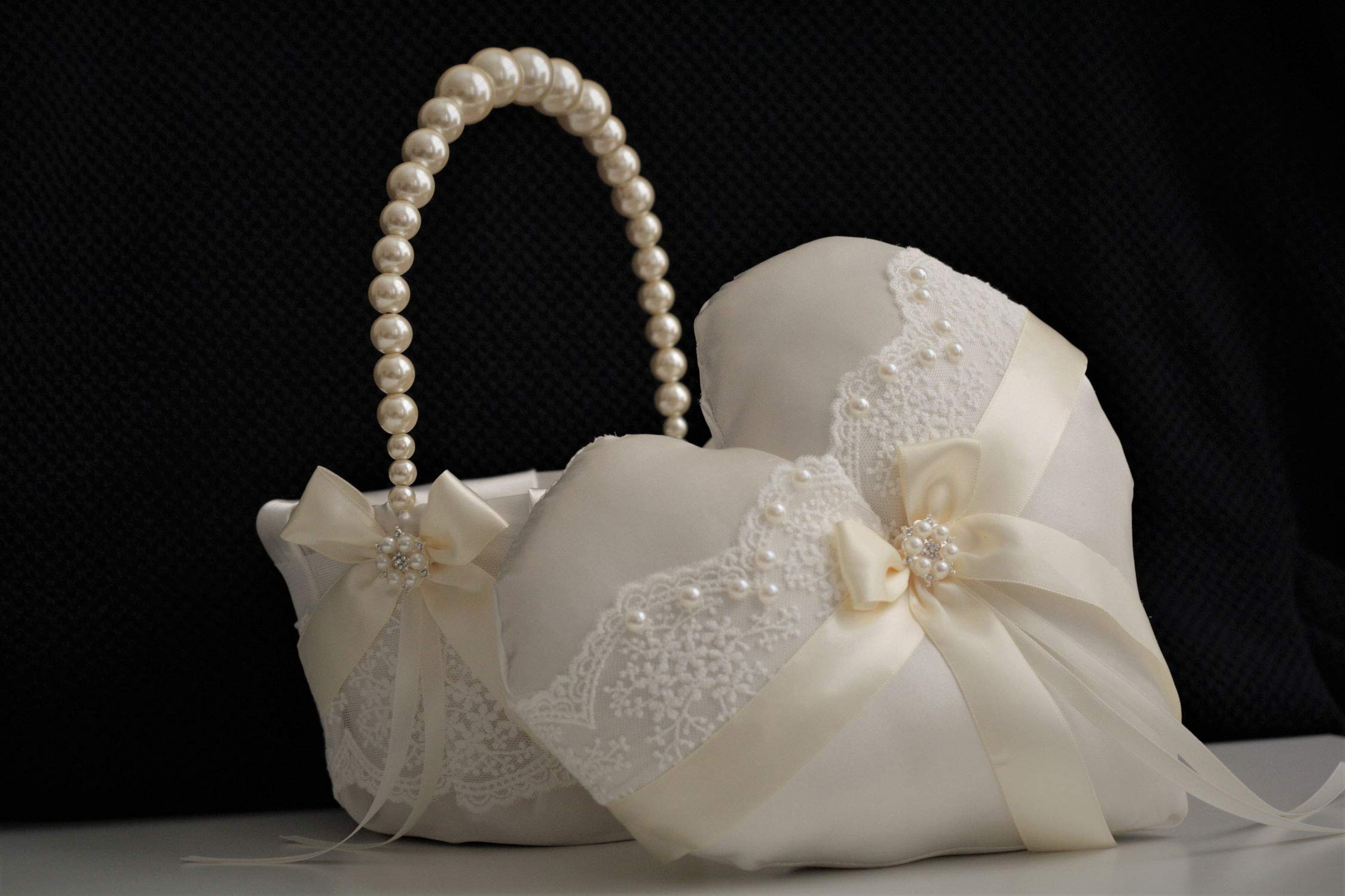 Ivory Ring Bearer Pillow and Flower Girl Basket Set - Heart Ring Pillow with Lace Wedding Basket & Pearl Handle - Perfect for Wedding Ceremonies, Bridal Showers, and Romantic Proposals