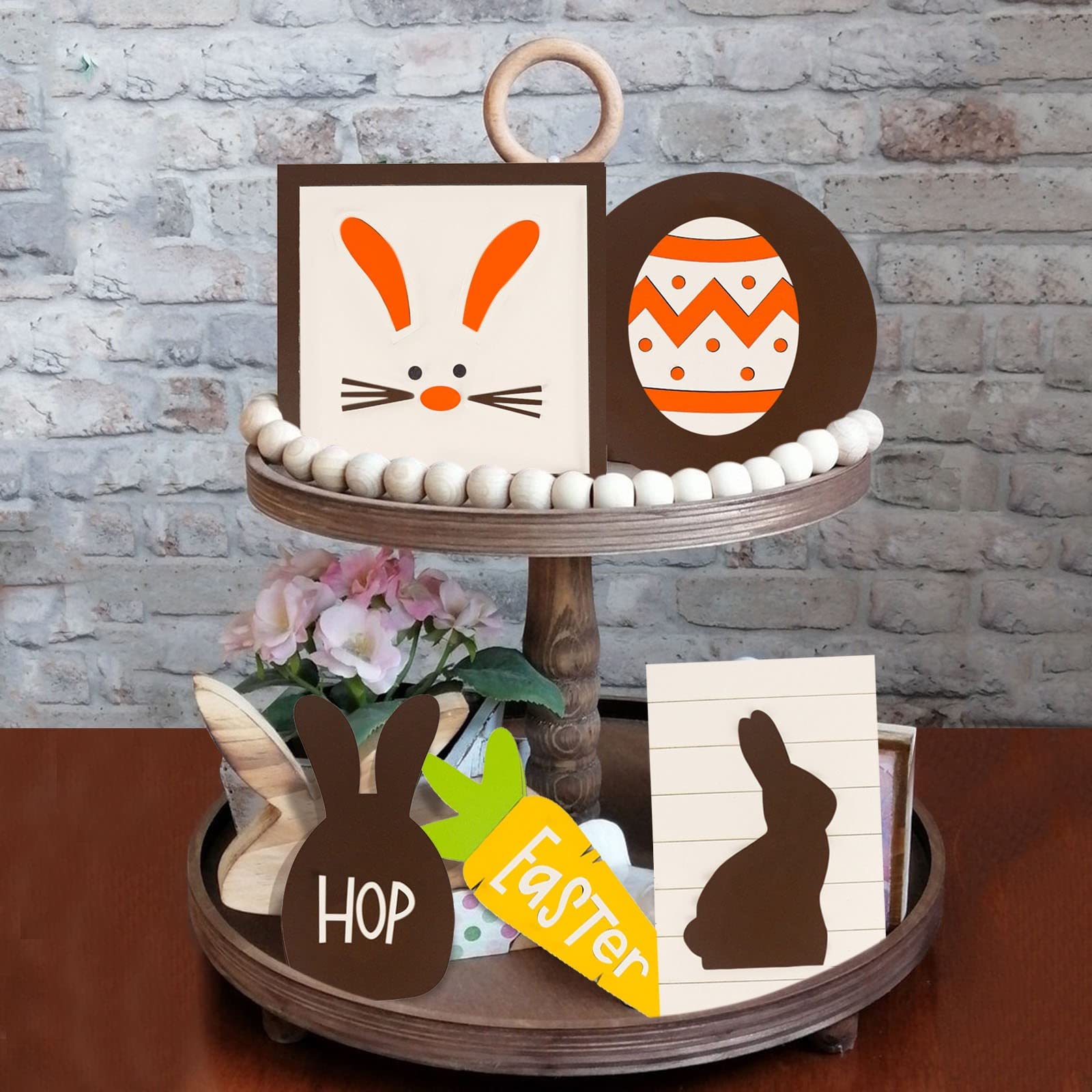3D Mini Wooden Bunny Signs Easter Tiered Tray Decor - Rustic Wooden Easter Decorations for Home, Office & Party | Perfect for Spring Centerpieces, Easter Table Settings & Holiday Home Decor