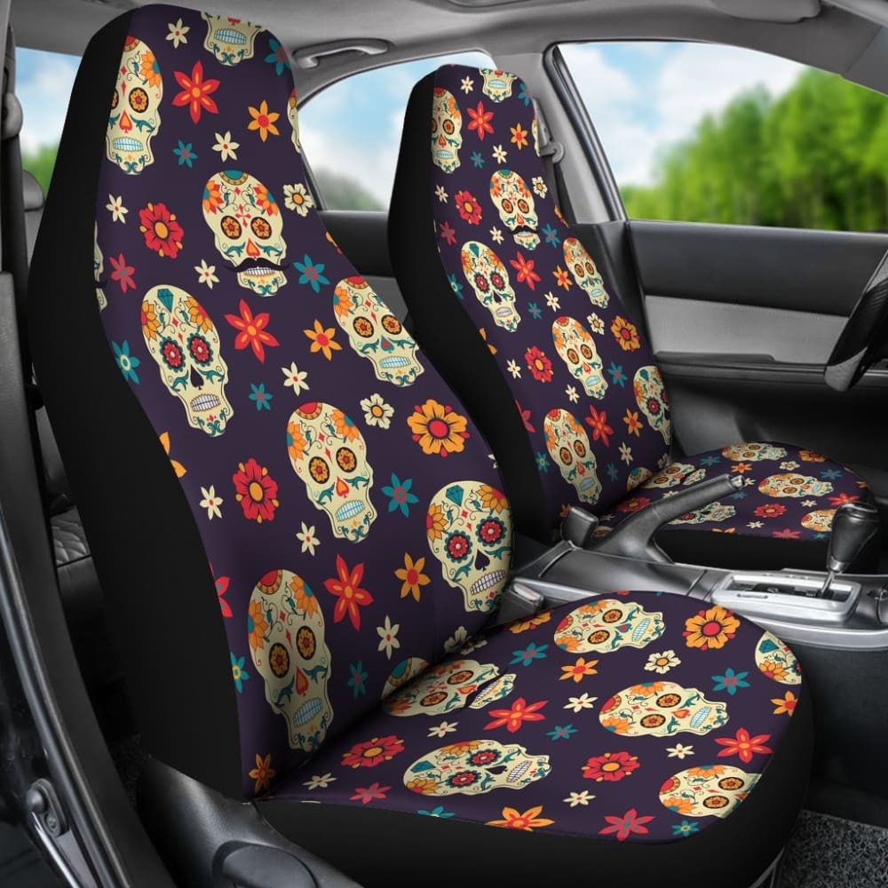2 Pcs Day of The Dead Sugar Skull Car Seat Covers - Mexican Dia de Los Muertos Decor for Halloween, Party, Festival & Car Accessories - Fits Most Vehicles