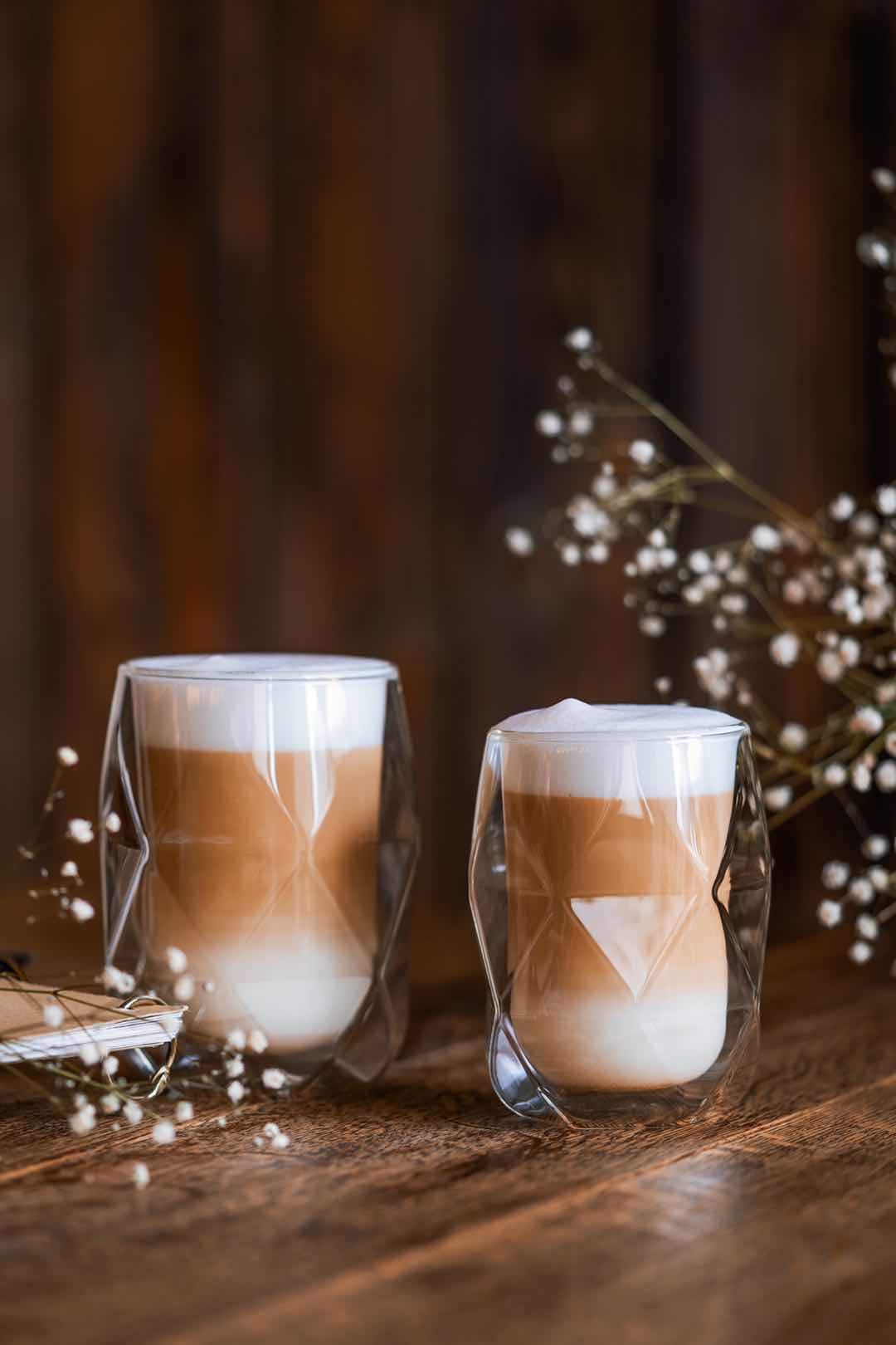 BTaT- 12oz Double Wall Insulated Glass Coffee Mug Set of 4 - Diamond Shape Clear Cups for Hot & Cold Drinks - Perfect for Coffee, Tea, Latte at Home, Office or Travel