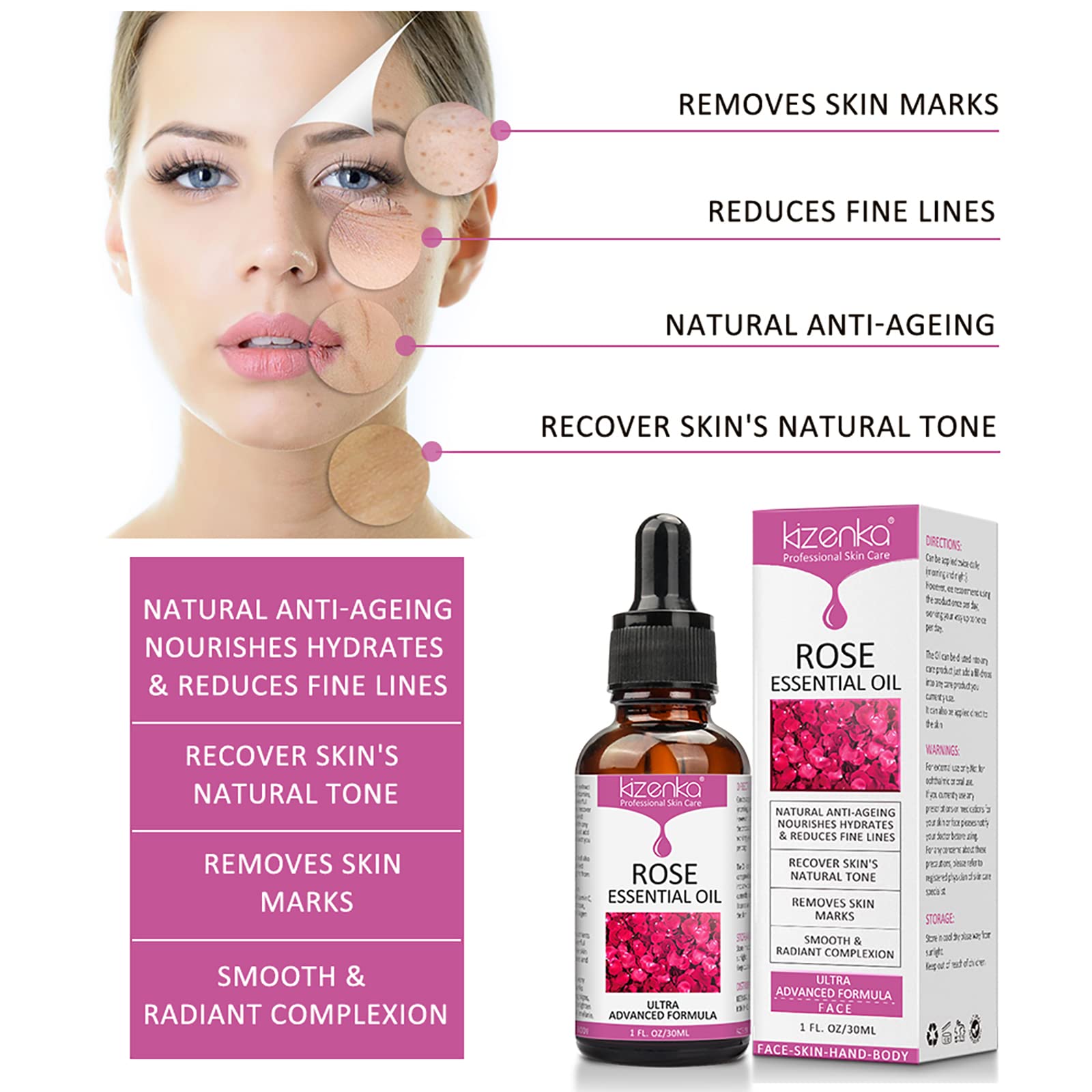 Pure Rose Essential Oil for Face - Anti-Aging & Wrinkle Serum, Natural Moisturizer for Skin Care - 1 Fl Oz (30ml) - Perfect for Daily Skincare Routine & Aromatherapy