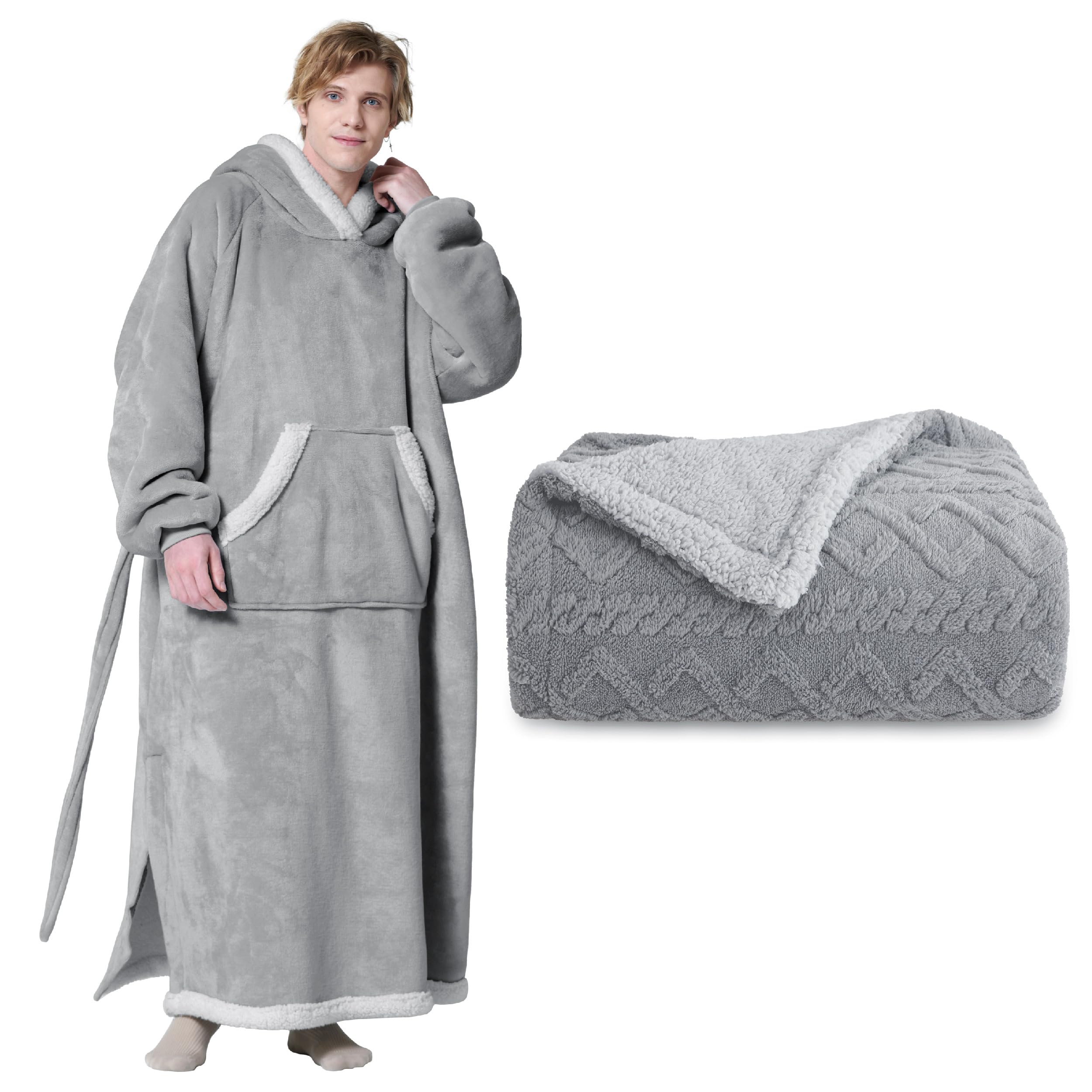 Bedsure Oversized Wearable Blanket Hoodie Sherpa Queen Size - Soft Fleece Blanket for Bed, Couch & Travel - Cozy Winter Wear for Women & Men, Perfect for Netflix Nights & Camping