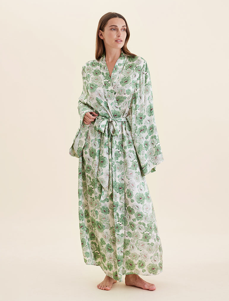 Florence Silk Kimono Maxi Robe - Women's Elegant Long Sleeve Cover Up for Beach, Wedding, and Loungewear