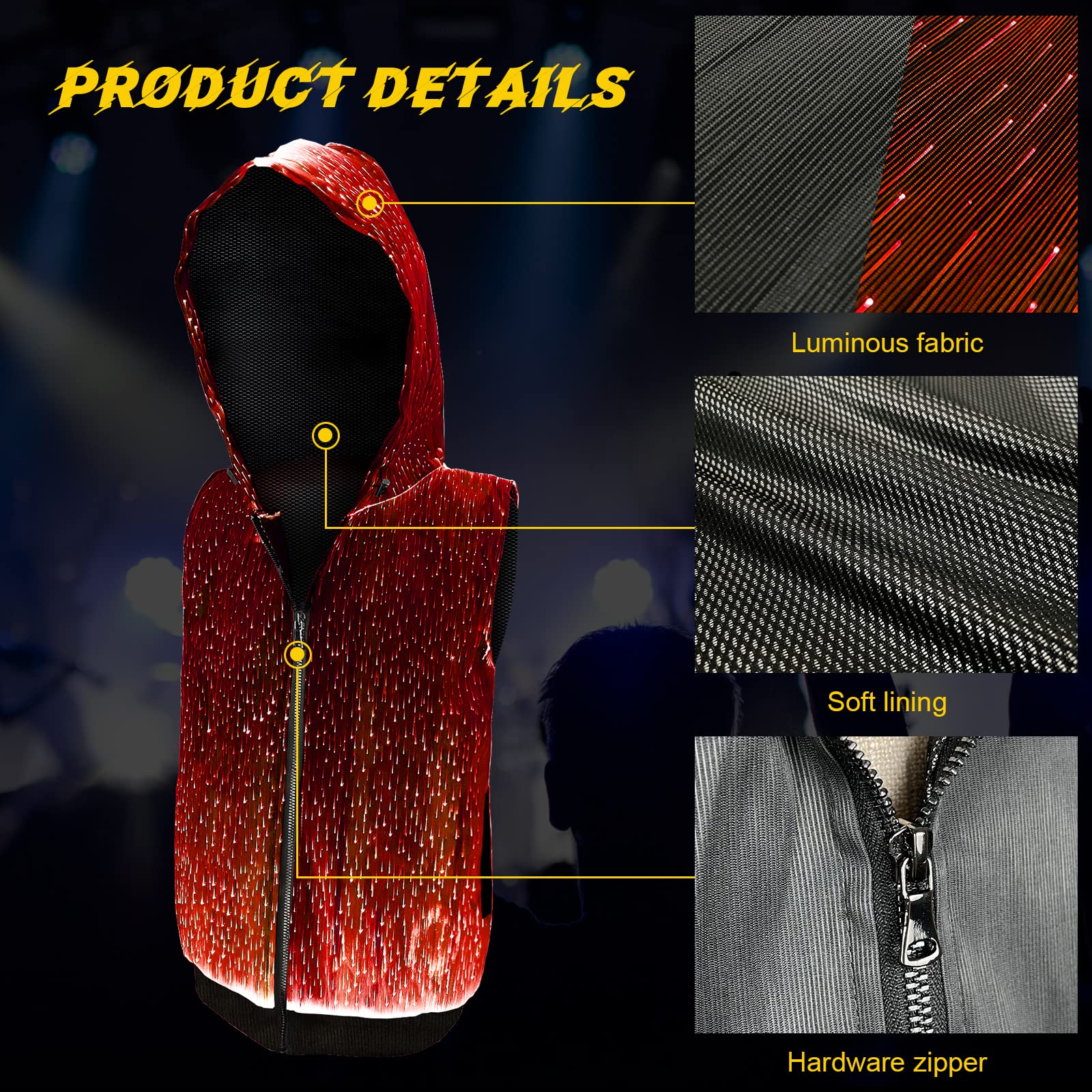 Men's LED Light Up Full Zip Hoodie - Black Glow in the Dark Hooded Sweatshirt for Raves, EDM Festivals & Night Parties | USB Rechargeable & Machine Washable