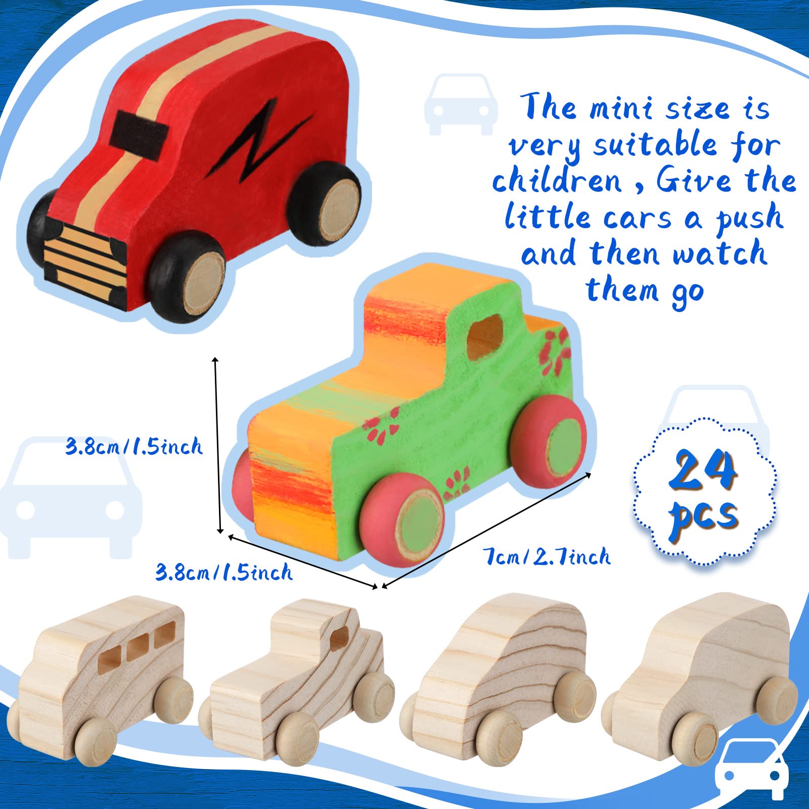 Chivao 24 Pcs Unfinished Wooden DIY Car Toys - Paintable Wood Crafts for Kids, Students & Home Activities - Easy Woodworking Projects for Beginners (Novelty Style) - Perfect for Classroom Projects, Birthday Gifts & Family Craft Time