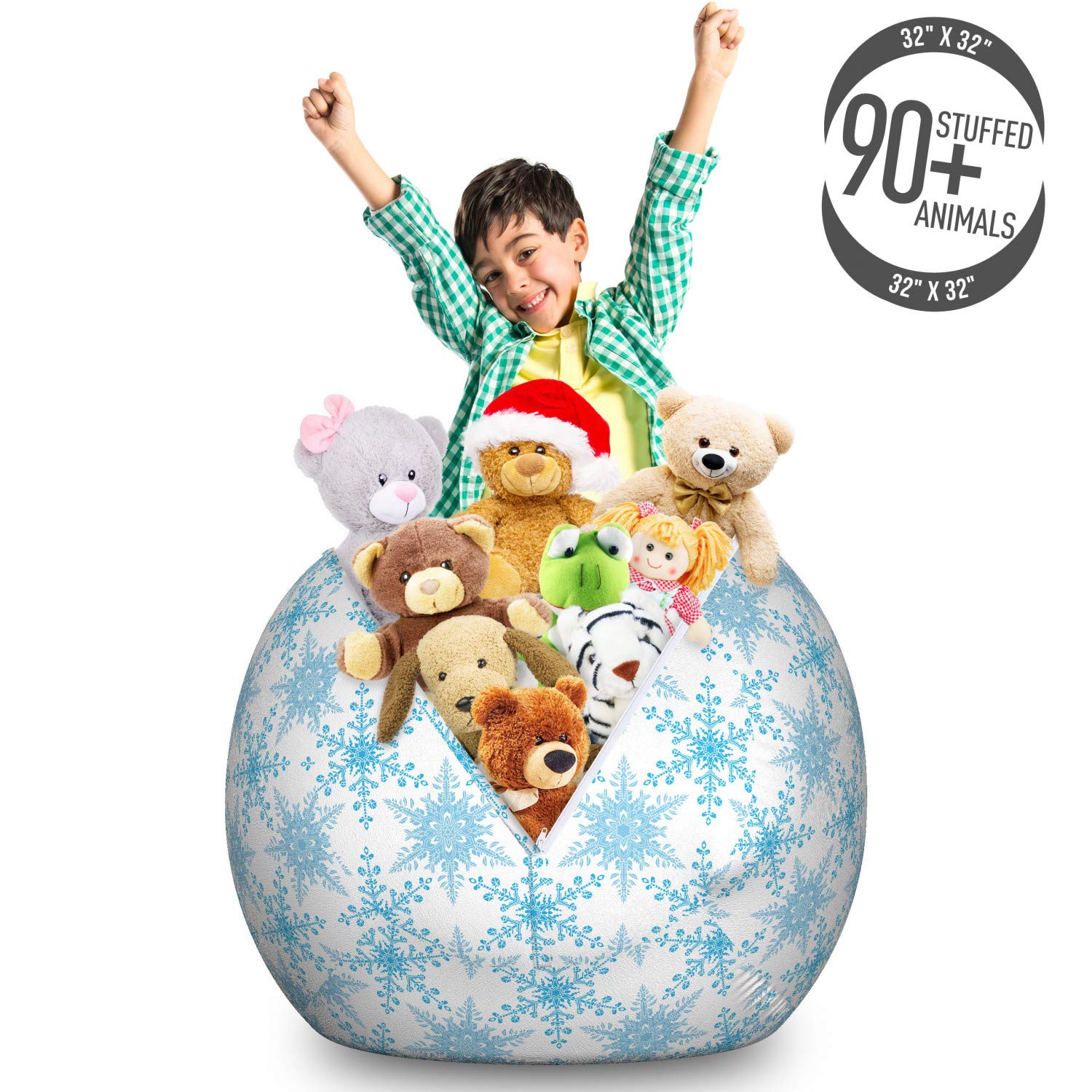 Ambesonne Snowflake Storage Toy Bag Chair - Large Washable Stuffed Animal Organizer with Winter Snowfall Print in Sky Blue - Perfect for Kids' Room, Nursery, and Playroom Organization