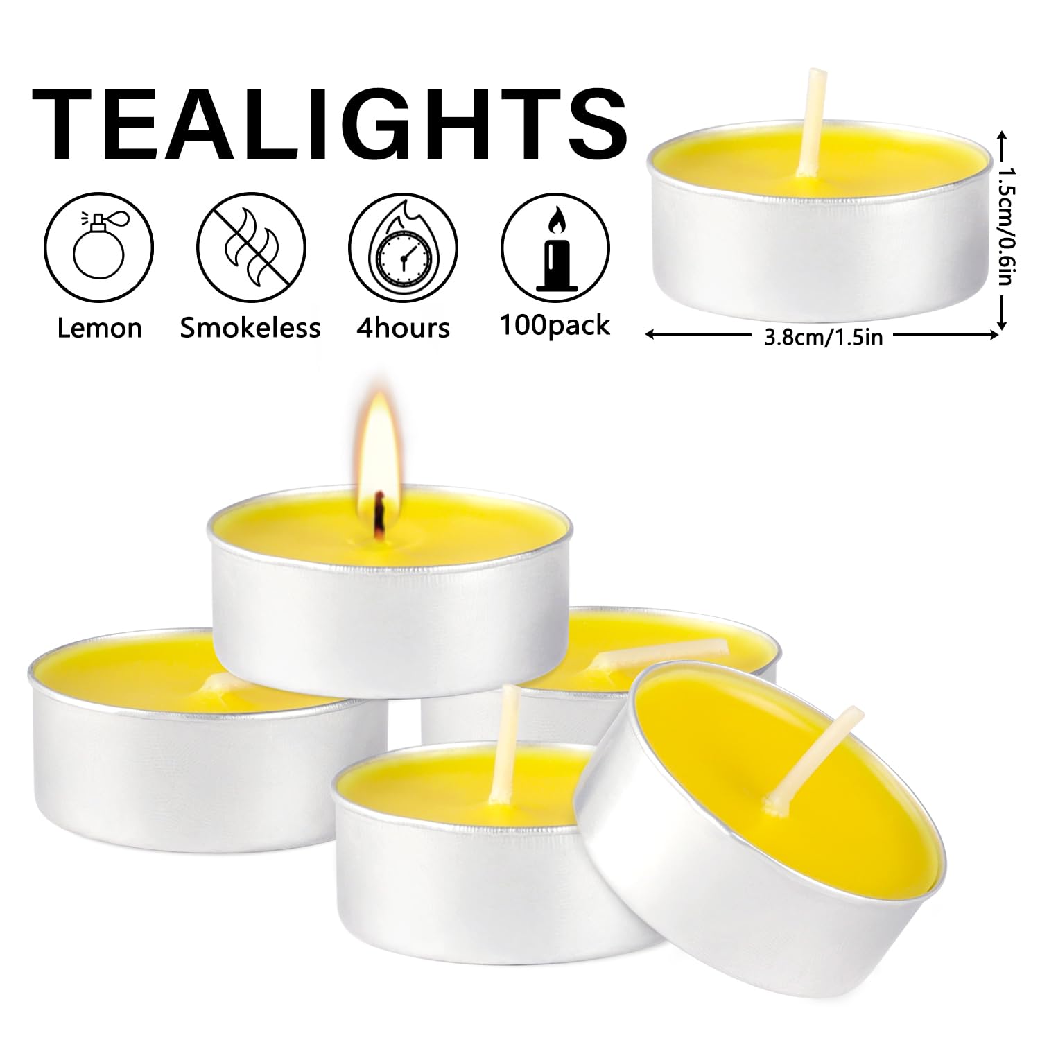 100-Pack Lemon Scented Tealight Candles - 4-Hour Burn Time, Aromatherapy Votive Candles for Home, Wedding, Holiday & Emergency Use - Yellow (Perfect for Relaxation, Meditation & Decor)