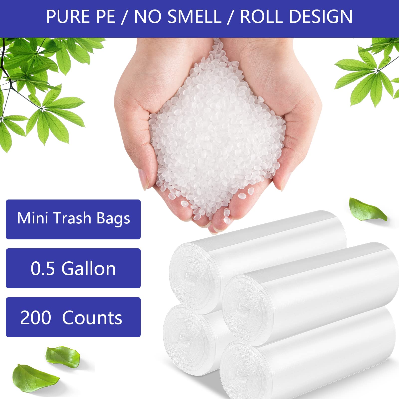 0.5 Gallon Mini Trash Bags - Small Garbage Bags 11.8 x 11.8 Inches - Fits 2 Liter Trash Can - 4 Rolls (200 Count) Clear Plastic - Perfect for Bathroom, Office, Bedroom, or Car Waste Disposal