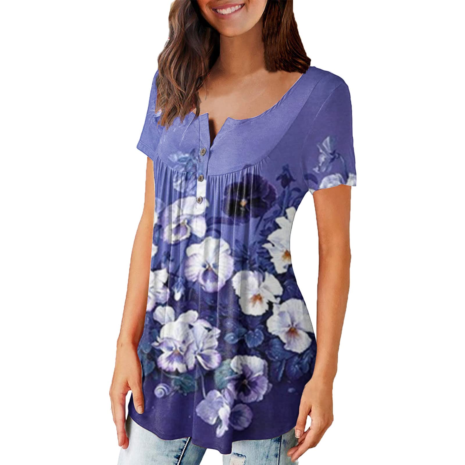 JPGIF Women's Plus Size Casual Ruched Tunic Tops - Short Sleeve Button Up Blouses for Leggings | Perfect for Work, Date Night & Everyday Wear
