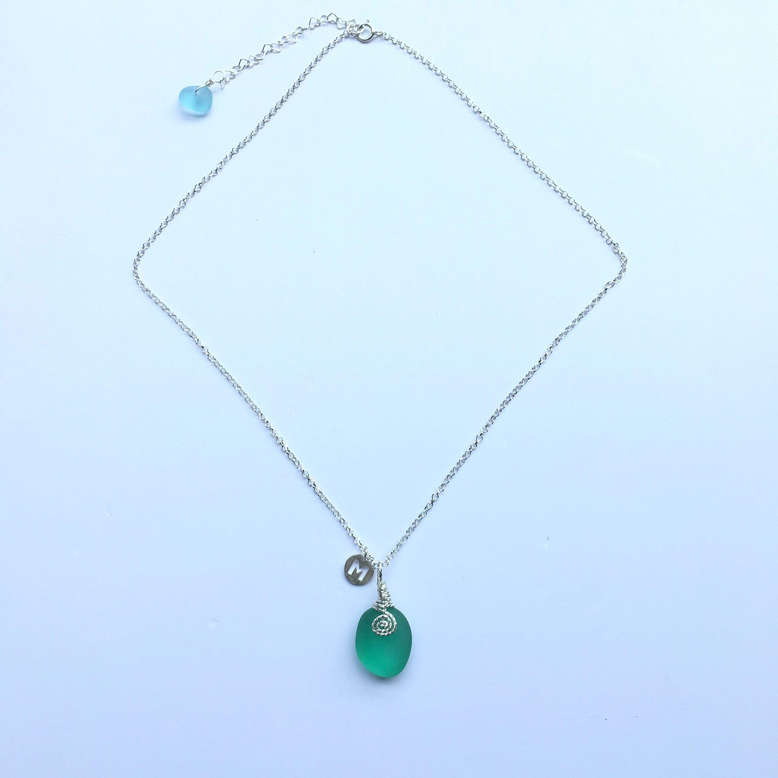 Sterling Silver Teal Sea Glass Necklace with Personalized Initial Letter Pendant - Adjustable Beach Glass Jewelry for Women - Perfect Personalized Gift for Birthday, Anniversary & Beach Vacation