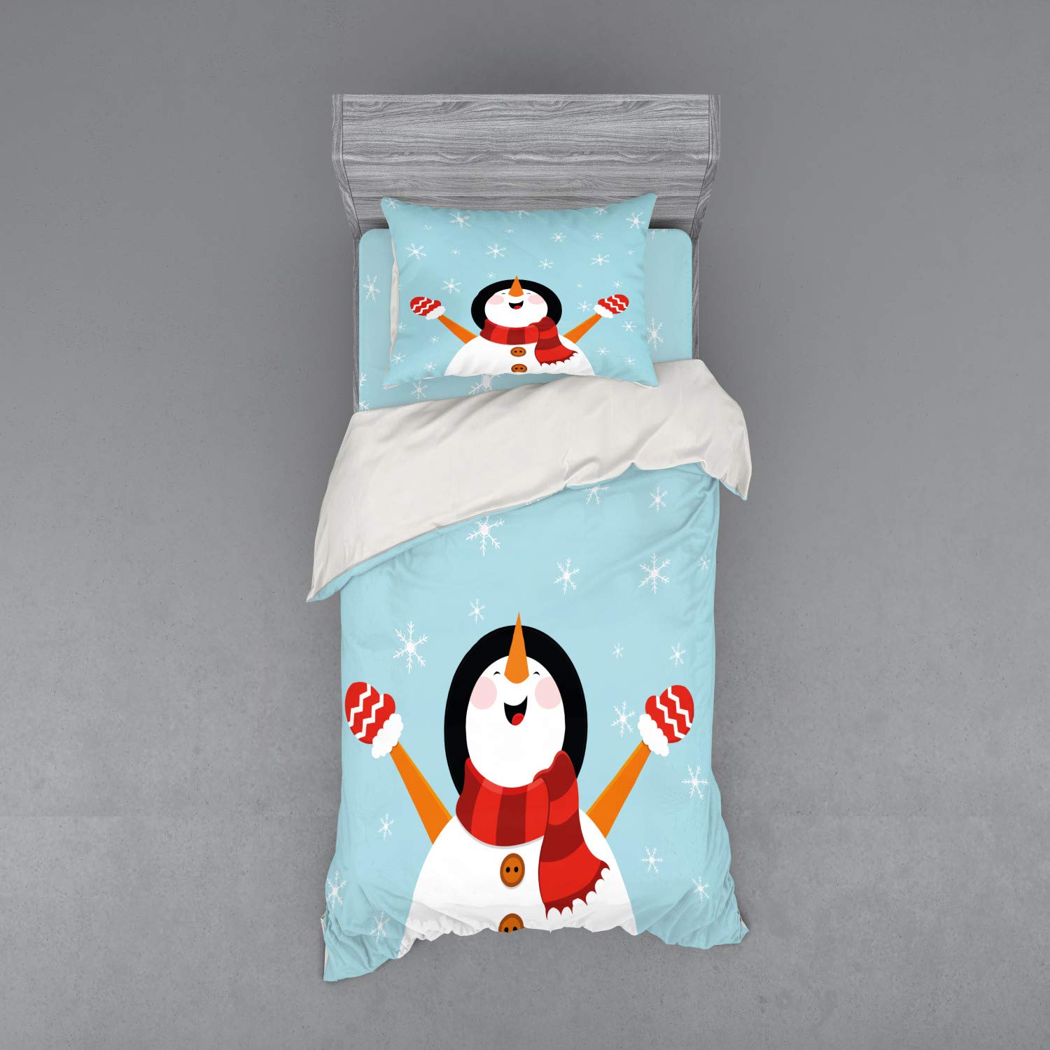 Ambesonne Christmas Bedding Set - Happy Smiling Snowman with Ornate Snowflakes Holiday Design, 3-Piece Duvet Cover Set with Pillow Sham & Fitted Sheet, Twin Size, Multicolor - Cozy Winter Bedroom Decor for Festive Season