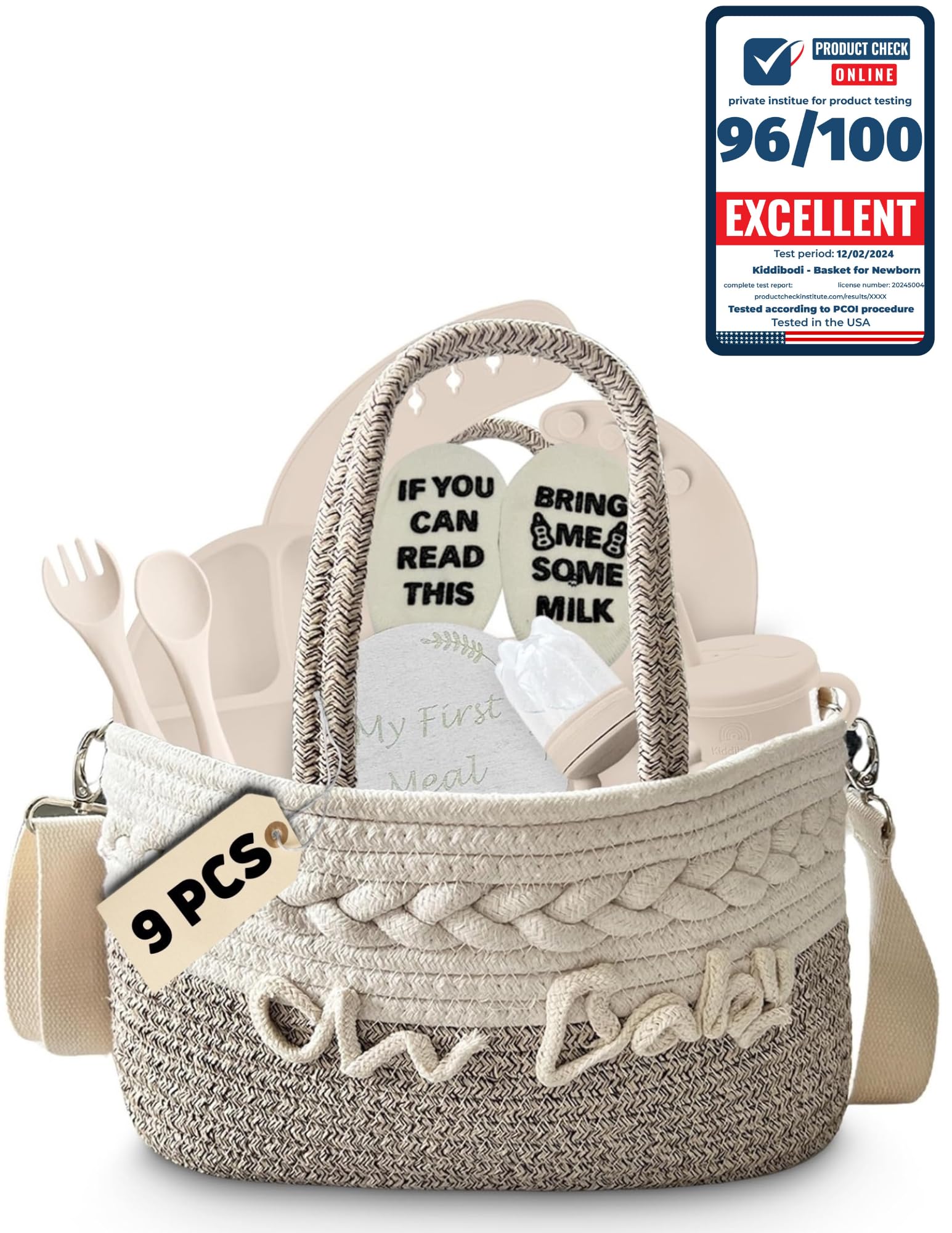 Kiddibodi® Baby Shower Gift Basket Set for Newborns - Gender Neutral Silicone Feeding Essentials with Suction Plate, Bib, Spoon, Sippy Cup & Pacifier Feeder in Natural Rope Basket - Perfect New Mom Gift for Birthdays, Showers and First Feedings