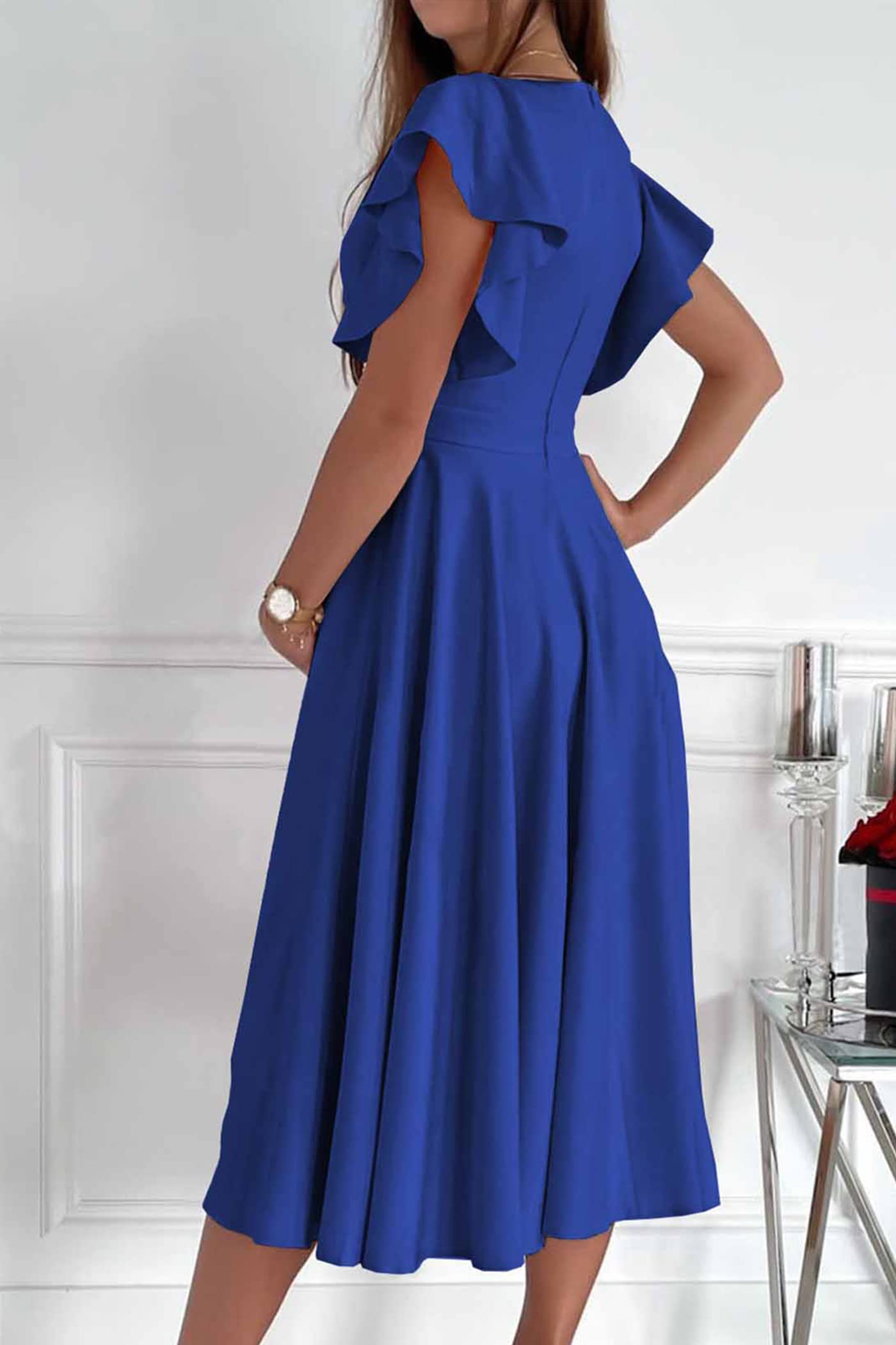 PRETTYGARDEN Women's Summer Midi Dress 2025 | Ruffle Sleeve V-Neck A-Line Cocktail Dress | Wedding Guest, Party & Spring Outfit | Flattering Fit & Flare Design for Special Occasions