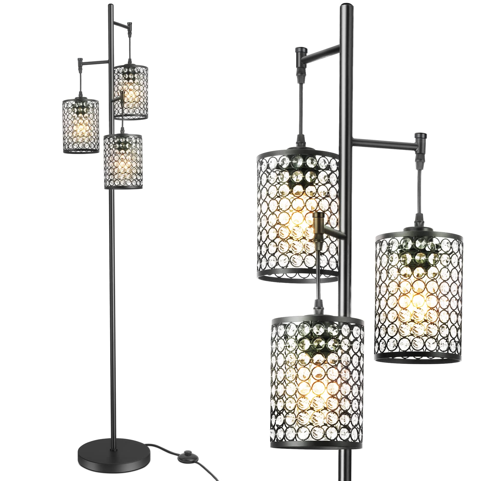 EE Eleven Master Modern 3-Light Tree Floor Lamp - Crystal Standing Lamp with On/Off Switch - Elegant Black Pole Light for Living Room, Bedroom, Office & Hotel - Perfect for Ambient Lighting and Home Decor
