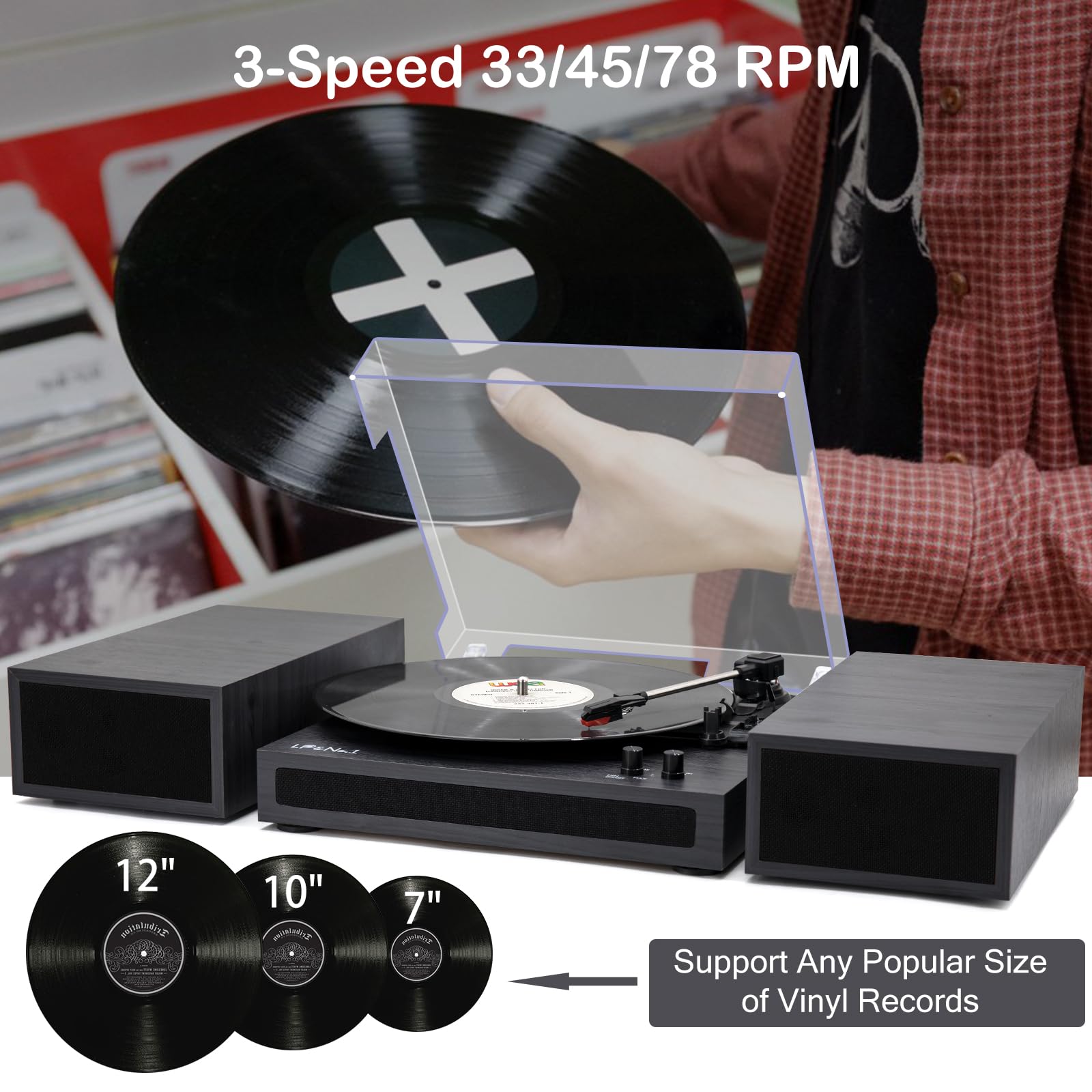 LP&No.1 Vintage Wood Finish 3-Speed Belt-Drive Turntable with Stereo Bookshelf Speakers - Wireless Input, RCA Output, Auto Stop | Black Gray - Perfect for Home Entertainment & Vinyl Collection Display