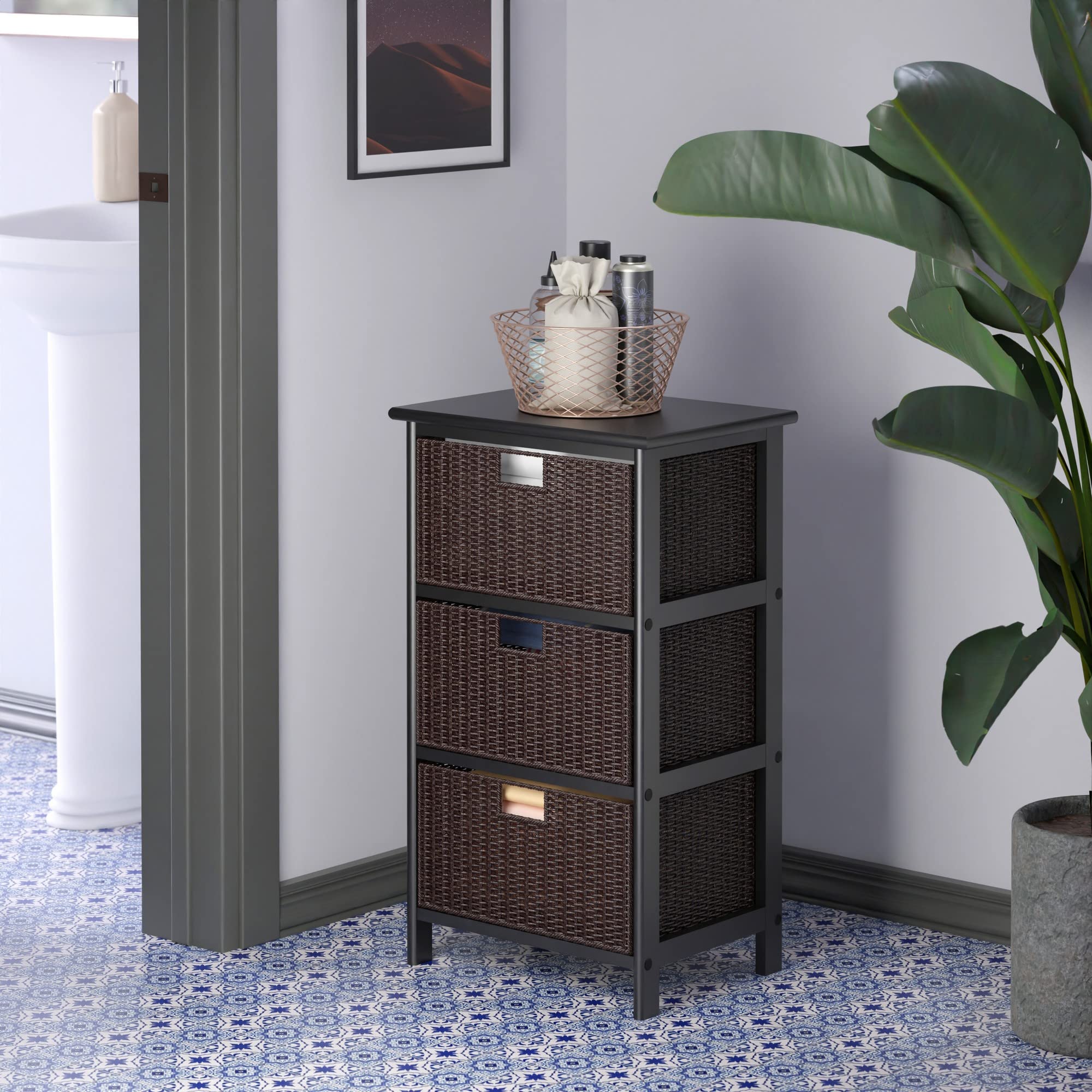 Winsome Omaha 3-Tier Storage Rack with Baskets - Black | Space-Saving Organizer for Bedroom, Bathroom, Kitchen & Office