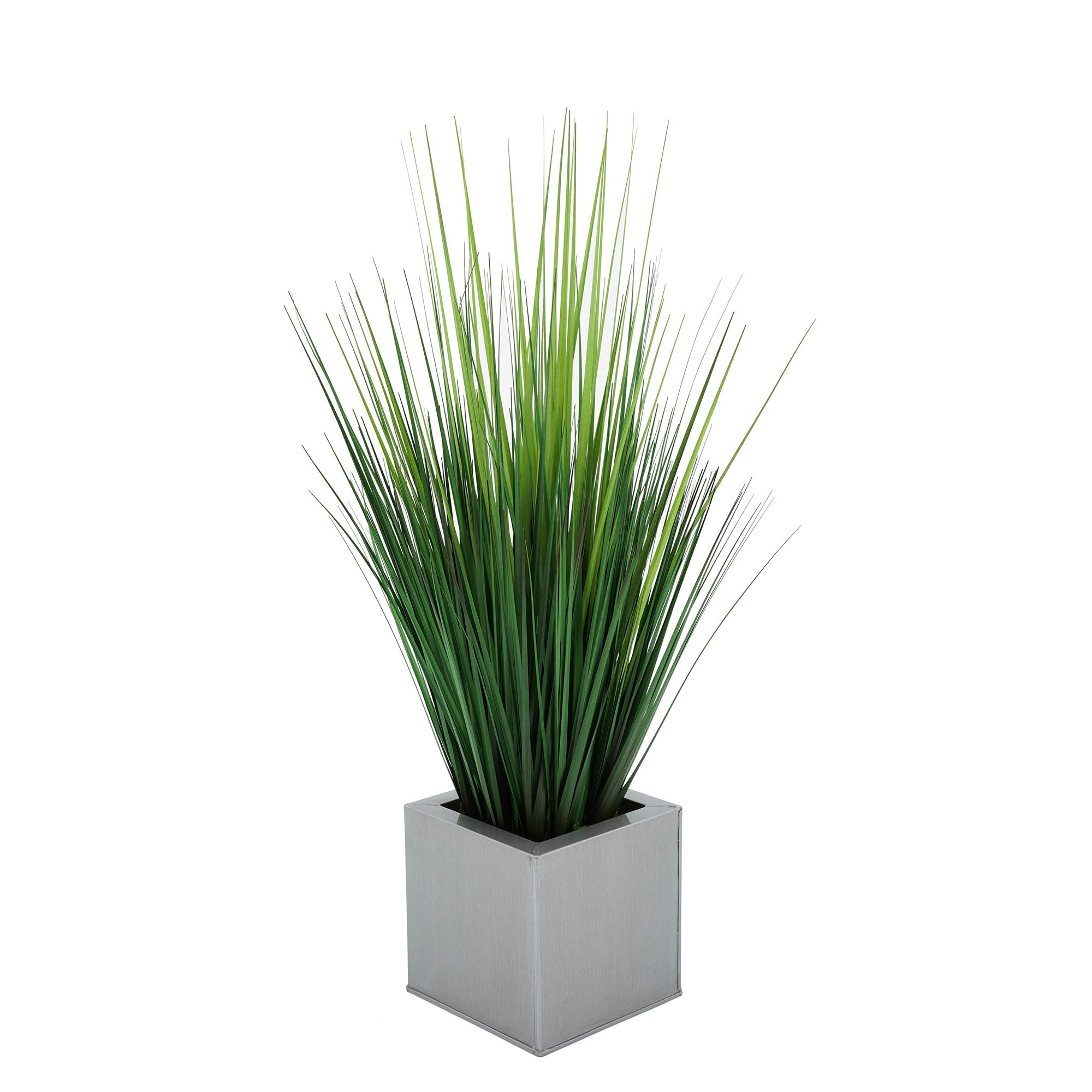 Premium Artificial Grass in Silver Zinc Cube Planter - Modern Faux Grass Decor for Home, Office & Outdoor Spaces