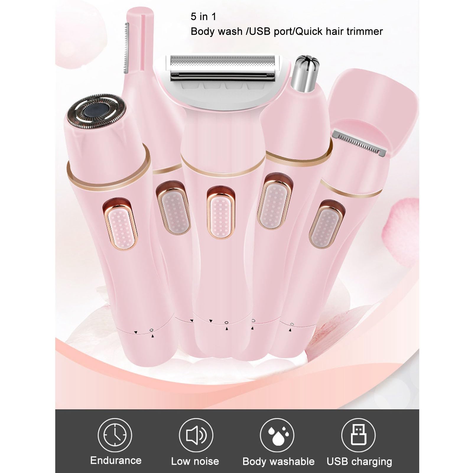 5 in 1 Electric Hair Trimmer for Women - Rechargeable Multifunctional Lady Shaver with Stainless Steel Blades, Portable & Compact Design - Perfect for Travel, Home Use, Bikini Line, Legs & Underarms Grooming