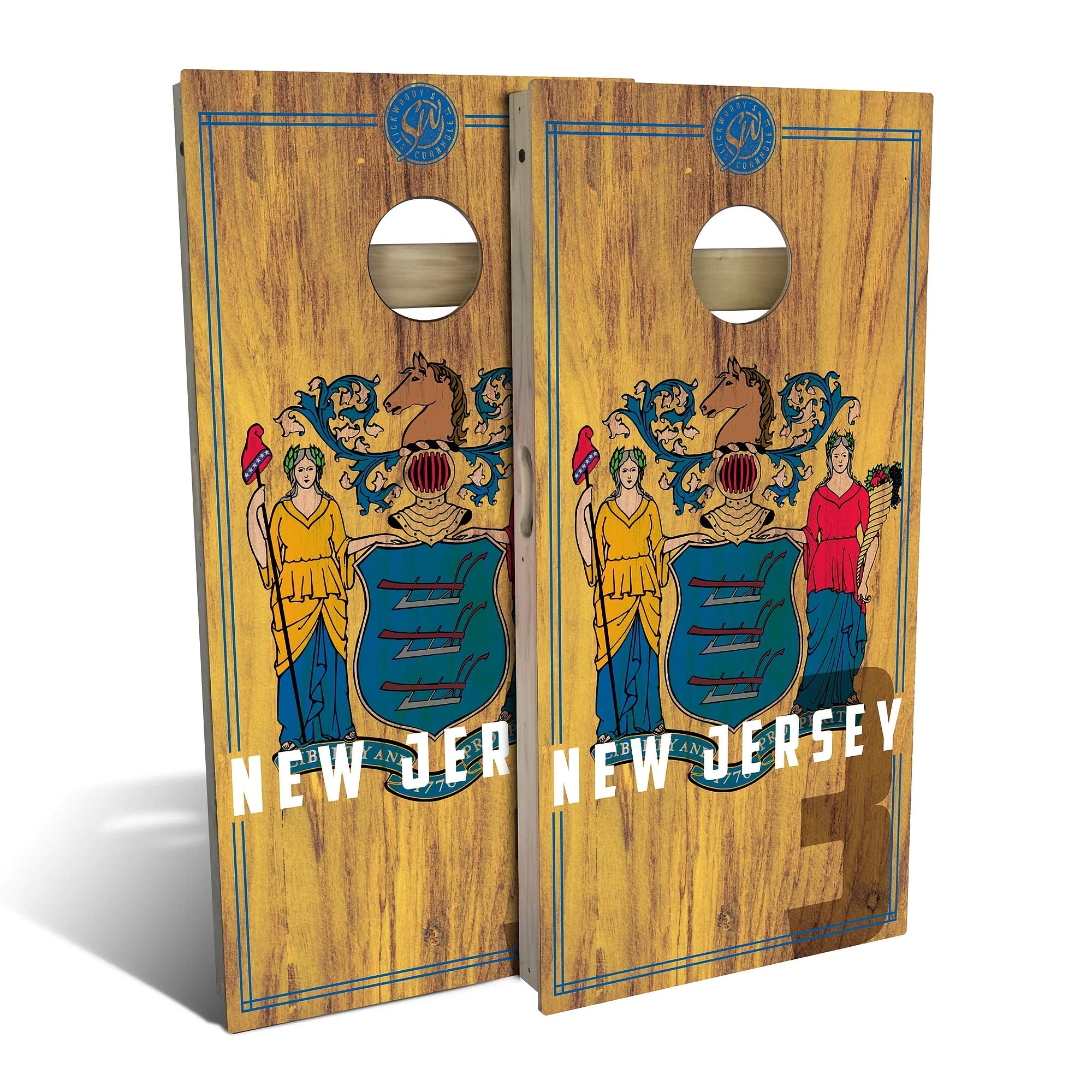 Skip's Garage New Jersey Flag 2.0 Cornhole Set - Premium Solid Wood Custom Cornhole Boards - Made in USA - Choose Your Size & Accessories - Perfect for Backyard BBQs, Tailgating & Outdoor Parties